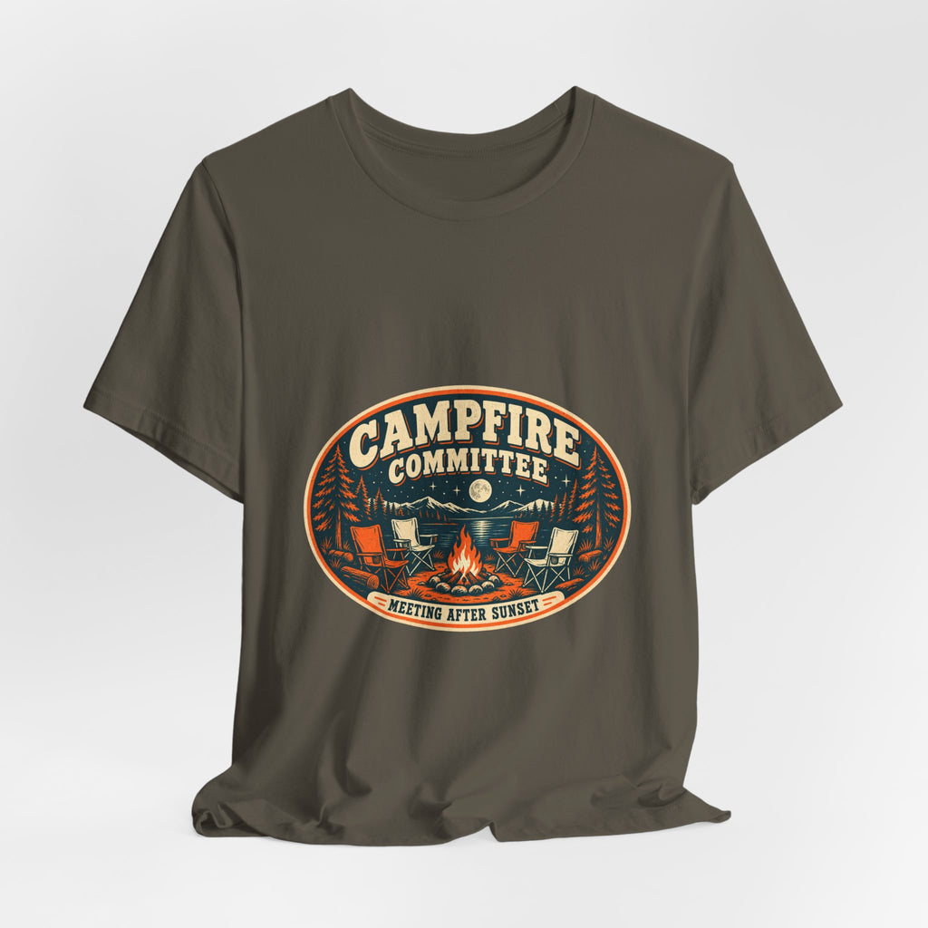 Campfire Committee T-Shirt — Meeting After Sunset Vintage Camping Badge Tee