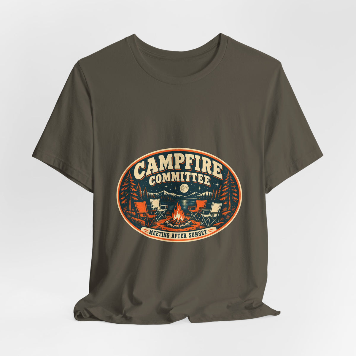 Campfire Committee T-Shirt — Meeting After Sunset Vintage Camping Badge Tee