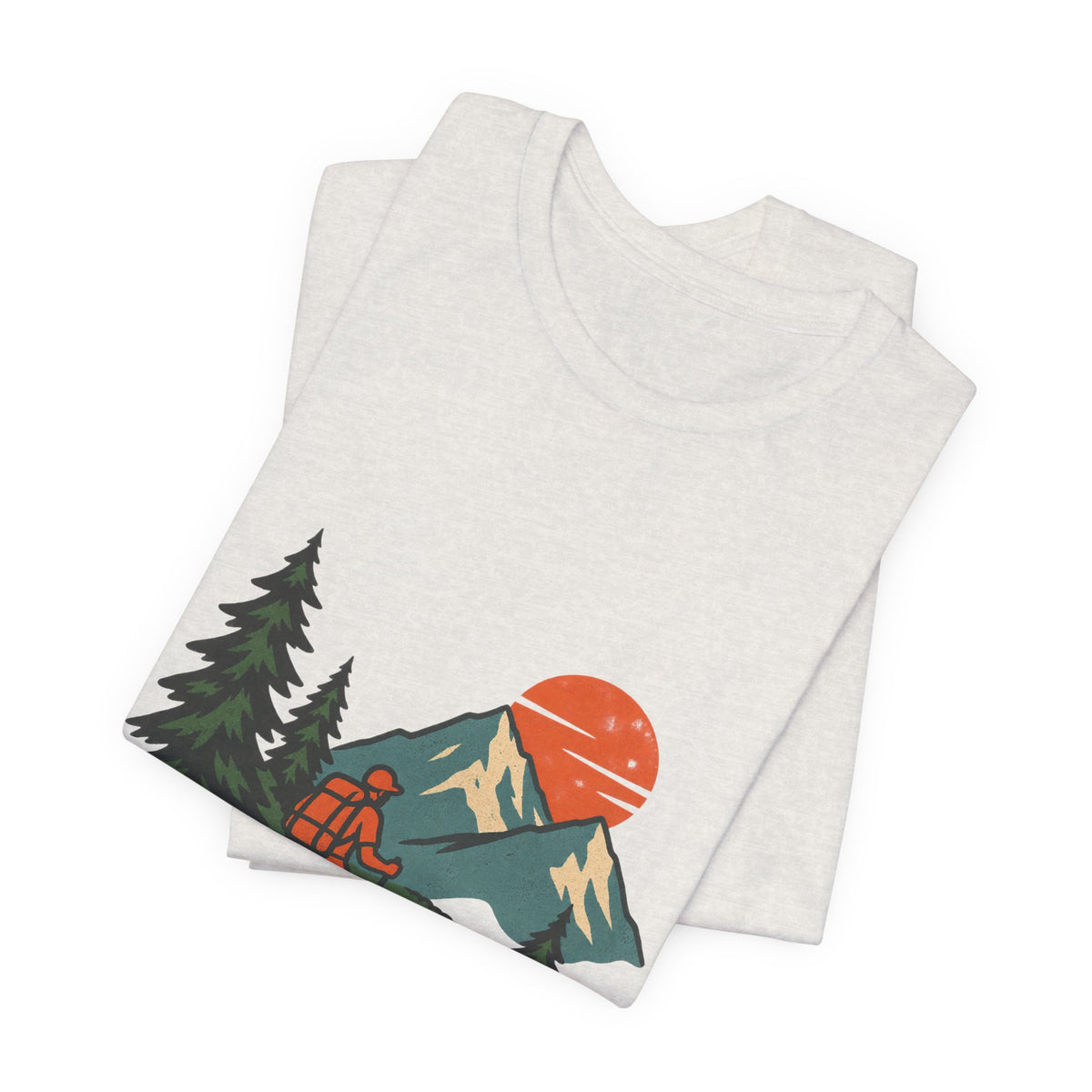 Retro Trail Hiker Mountain Sunset T-Shirt — Vintage Hiking Adventure Tee