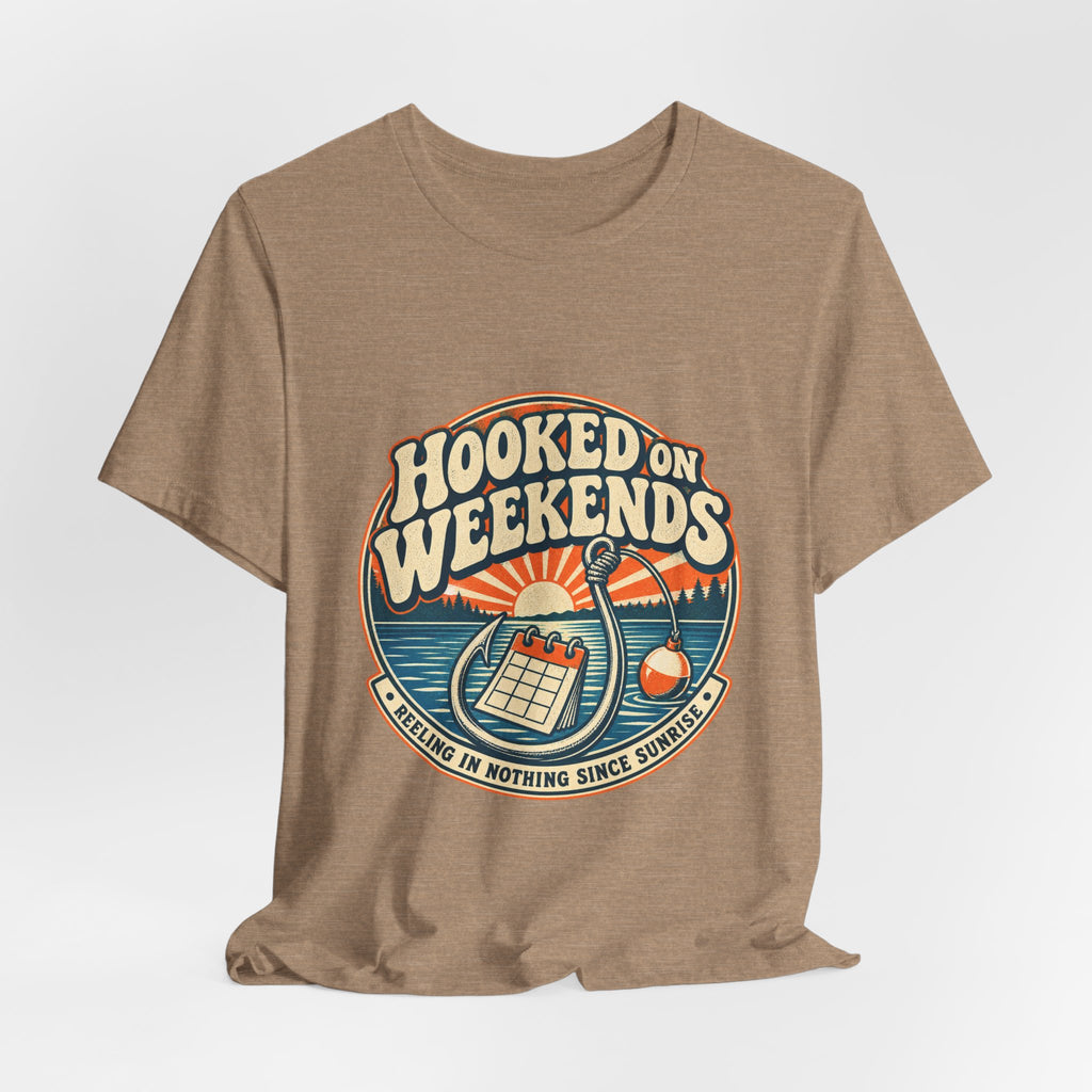 Hooked on Weekends Fishing T-Shirt — Vintage Lake Reel & Sunrise Tee