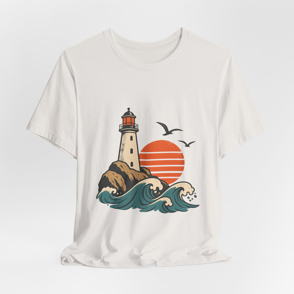 Vintage Coastal Lighthouse Sunset T-Shirt — Ocean Waves, Seagulls & Seaside Adventure
