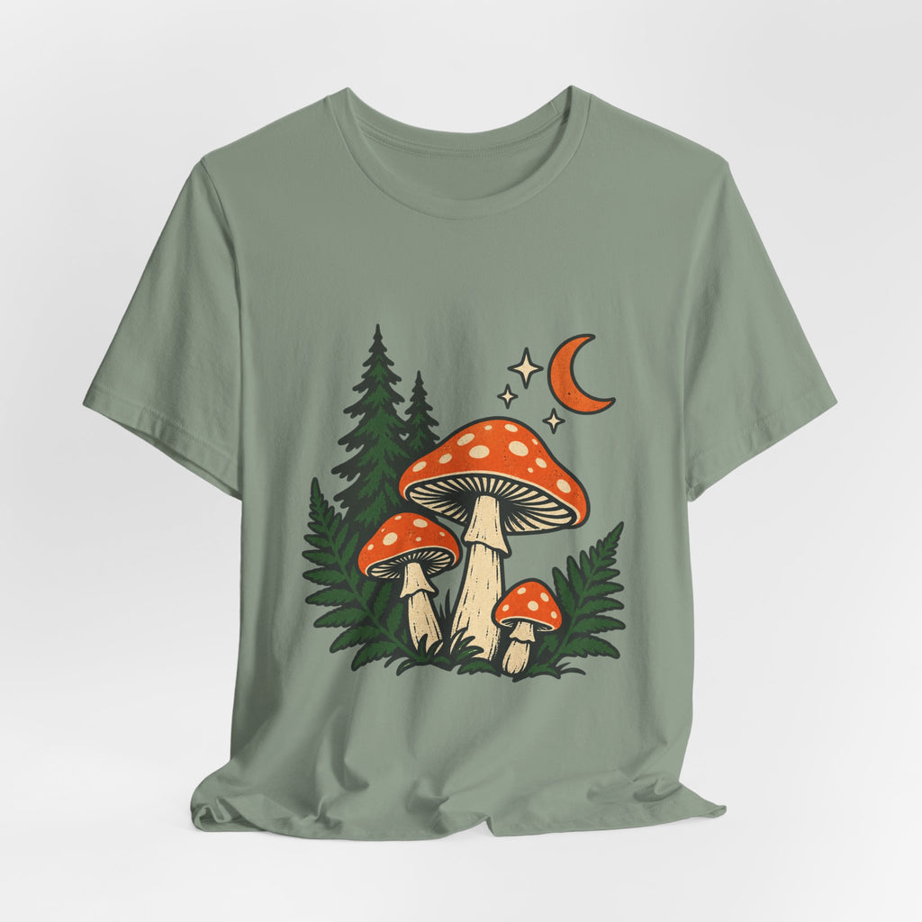 Vintage Mushroom Moon T-Shirt — Enchanted Forest Fungi Night Design