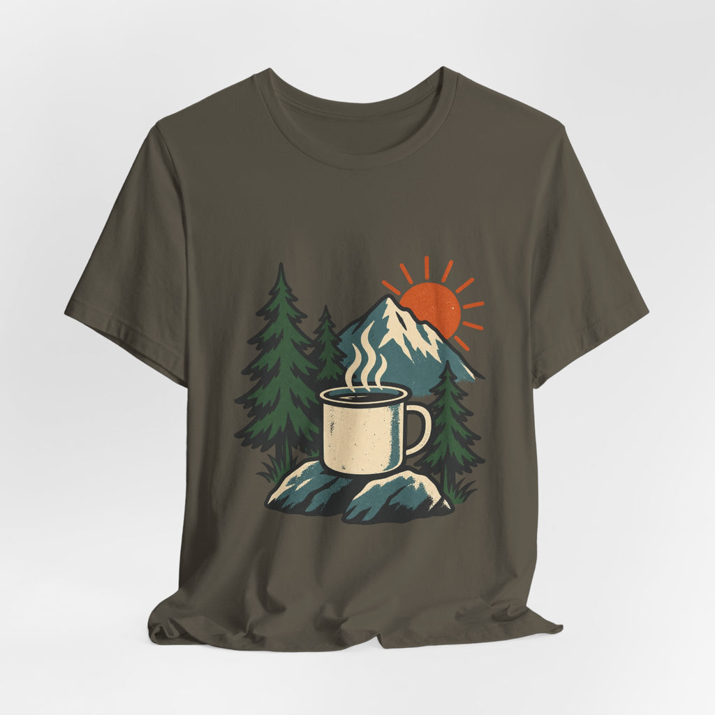Vintage Camping Coffee Mug T-Shirt — Mountain Sunrise Outdoor Coffee Lover Tee