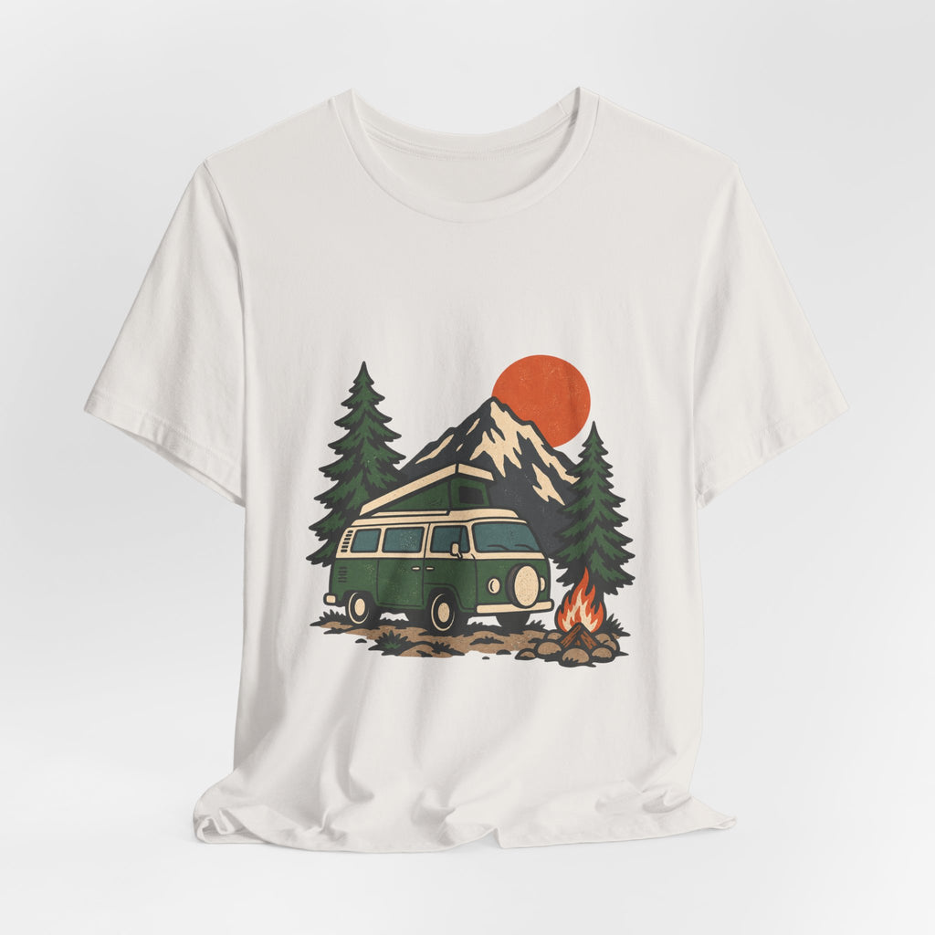 Retro Camper Van Camping T-Shirt — Mountain Road Trip & Campfire Adventure Tee