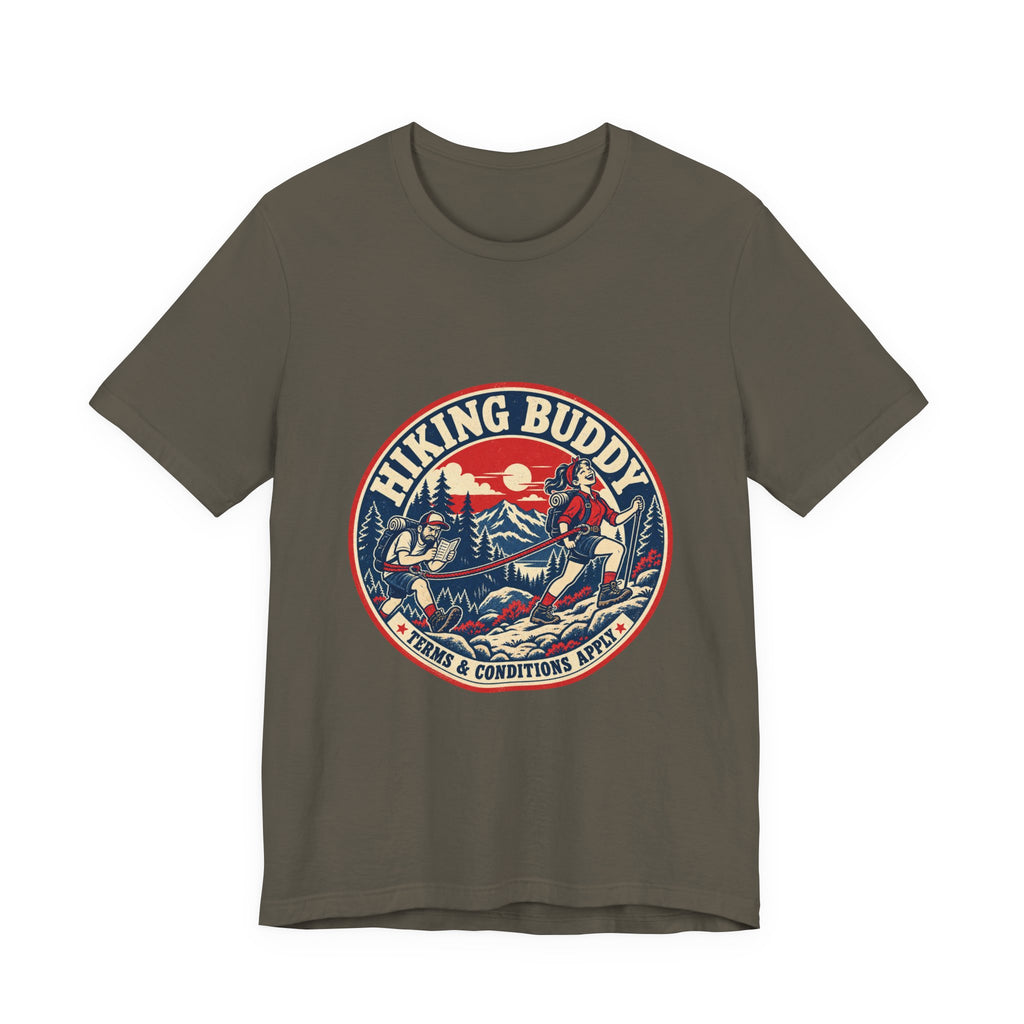 Hiking Buddy T-Shirt — Vintage Mountain Trekking Tee with Terms & Conditions Apply