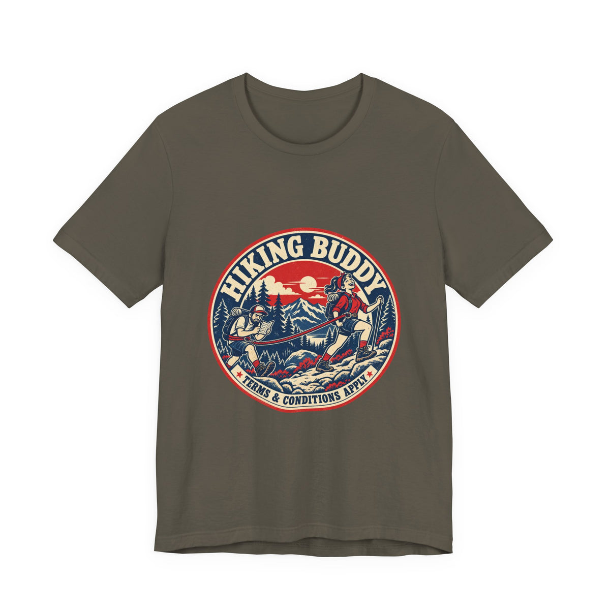 Hiking Buddy T-Shirt — Vintage Mountain Trekking Tee with Terms & Conditions Apply