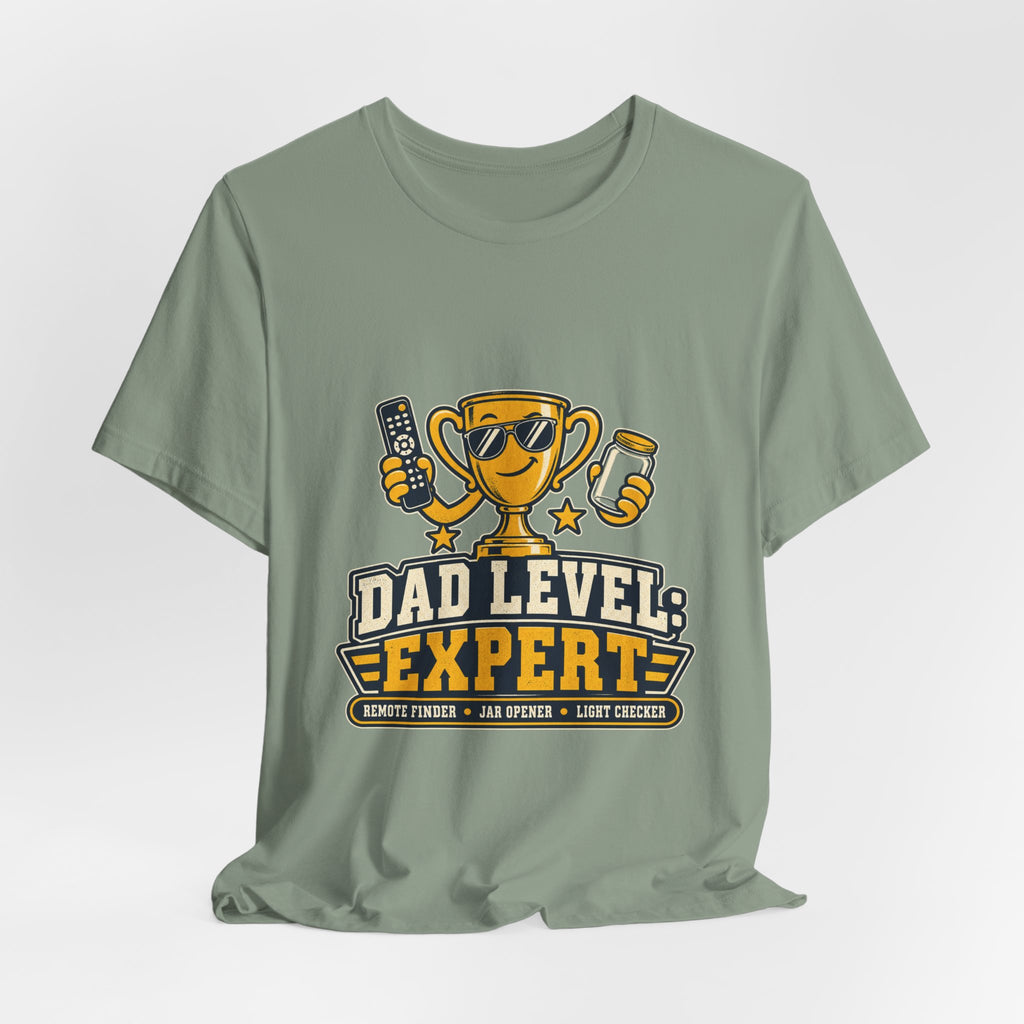 Dad Level Expert T-Shirt — Funny Trophy Dad Gift with Remote Finder, Jar Opener & Light Checker