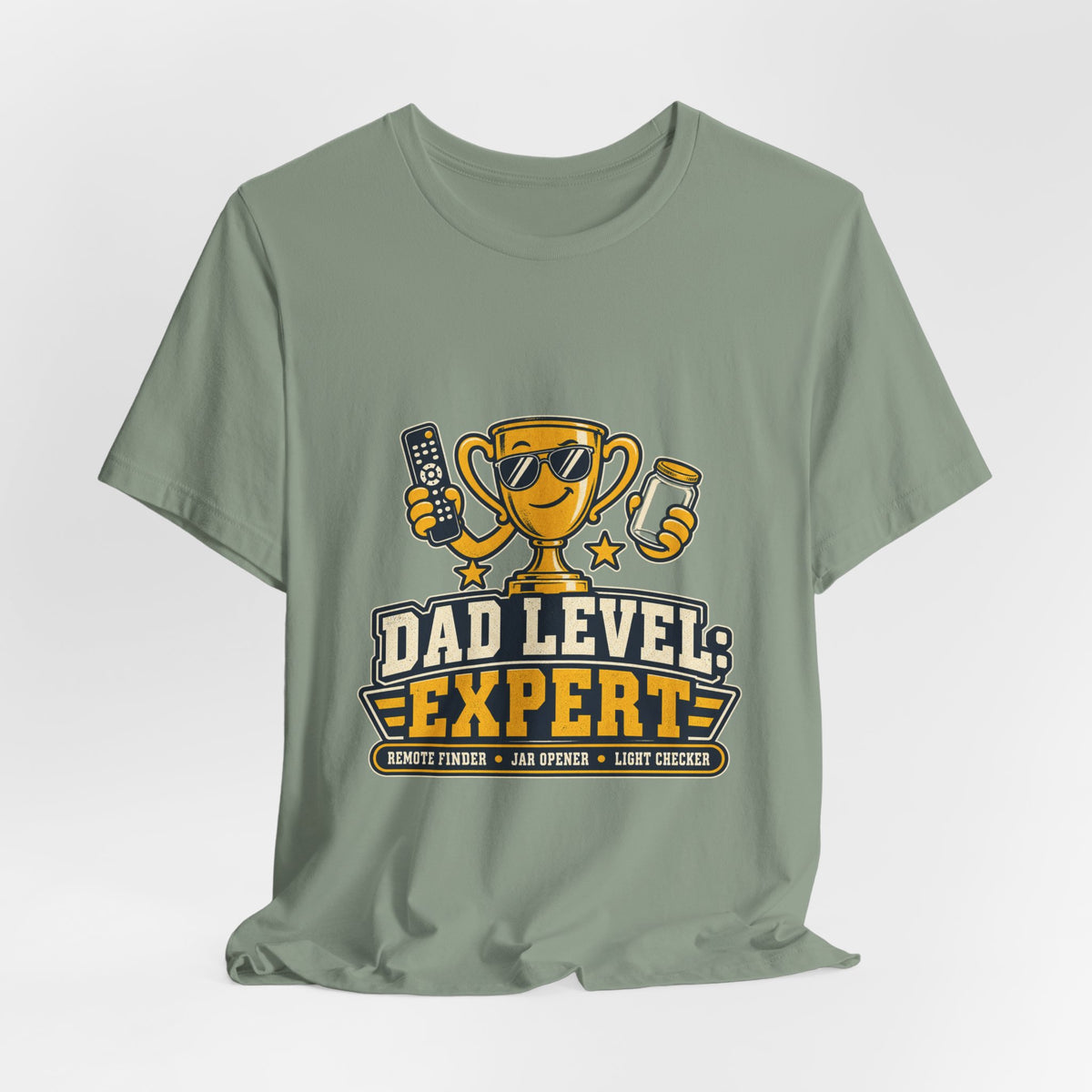 Dad Level Expert T-Shirt — Funny Trophy Dad Gift with Remote Finder, Jar Opener & Light Checker