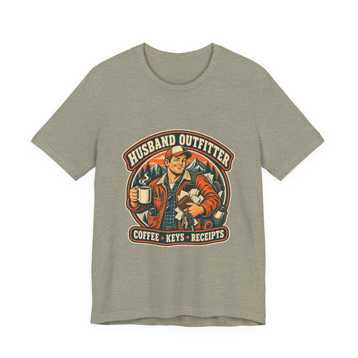 Husband Outfitter Coffee Keys Receipts T-Shirt — Retro Multitasker Husband Humor Tee