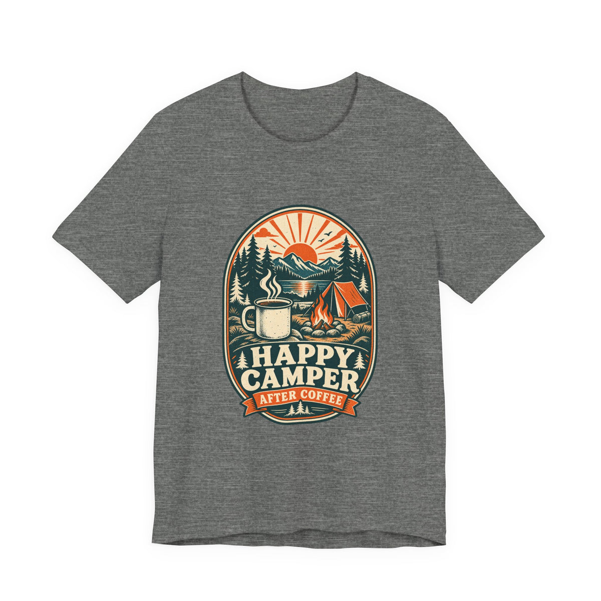Happy Camper After Coffee T-Shirt — Vintage Camping Mug, Campfire & Mountain Tee