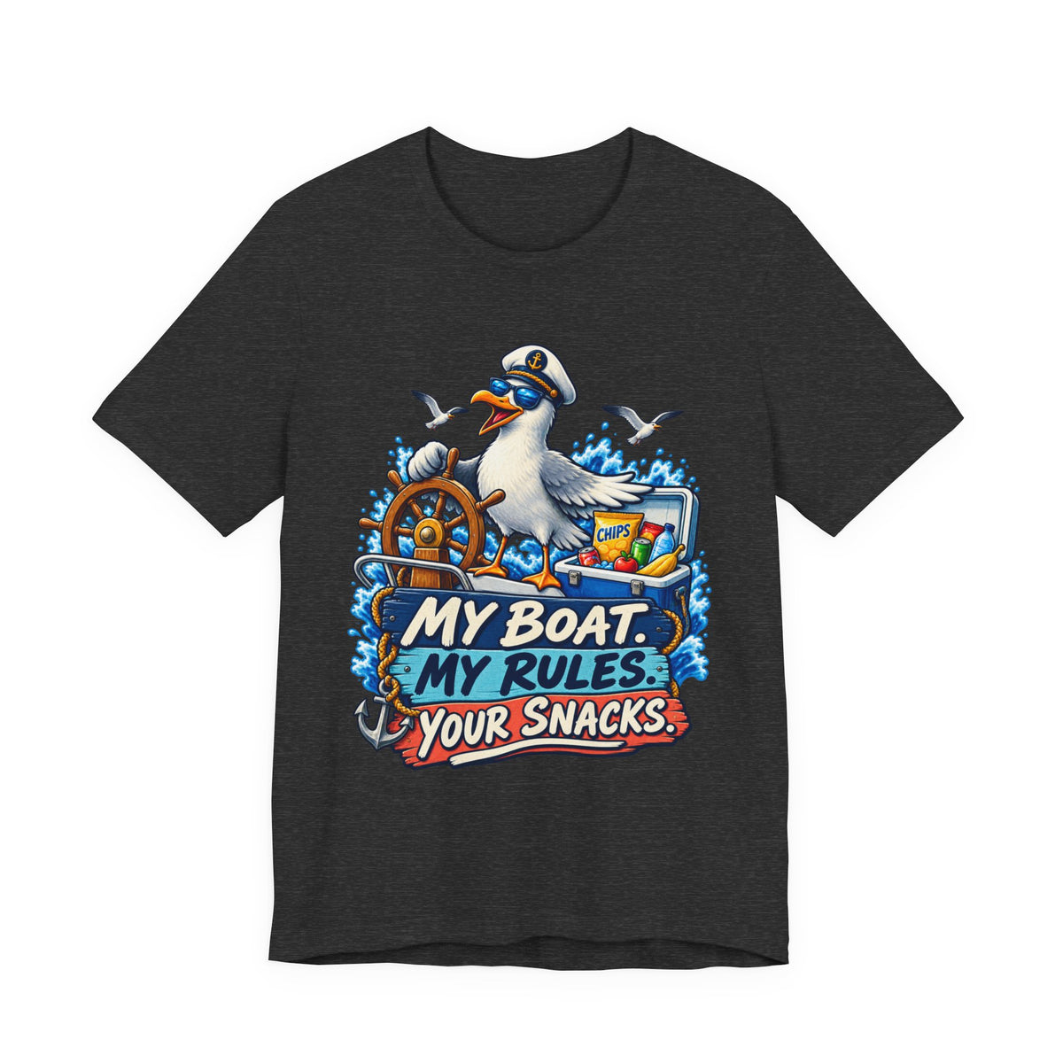 My Boat My Rules Your Snacks T-Shirt — Funny Nautical Seagull Captain Boating Tee