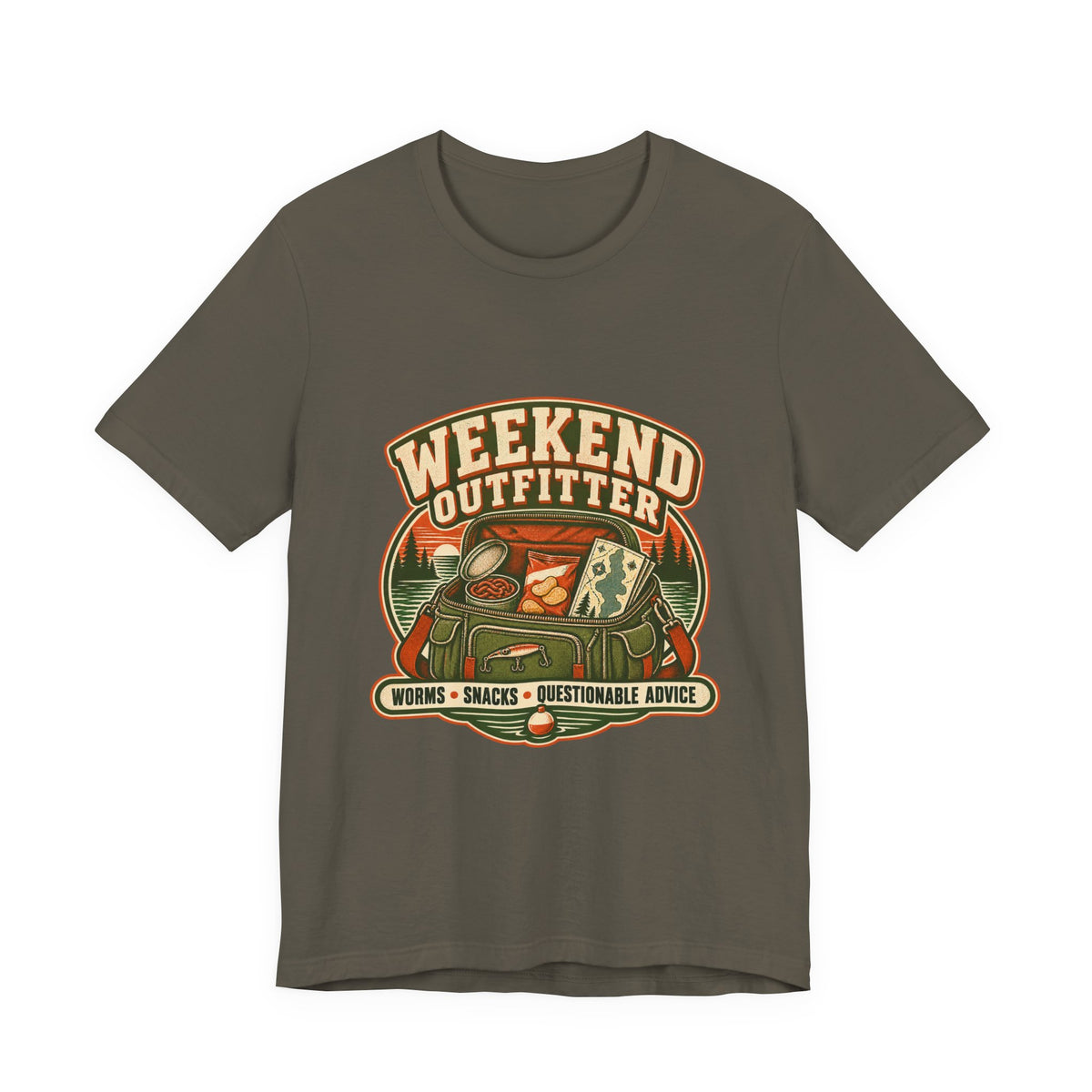 Weekend Outfitter T-Shirt — Vintage Fishing Backpack Tee with Worms, Snacks & Questionable Advice