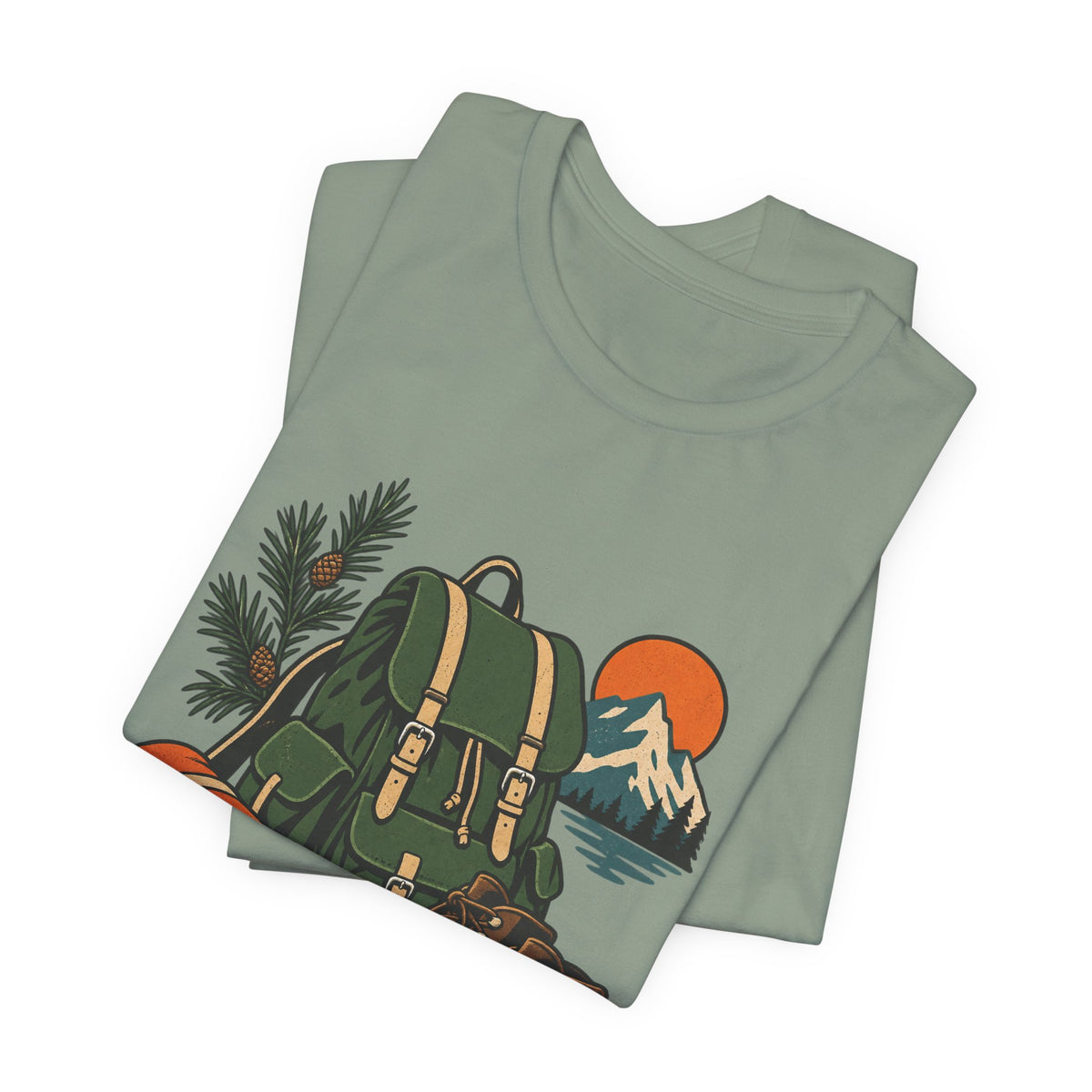 Vintage Hiking Adventure T-Shirt — Backpack, Boots, Compass and Mountain Camping Design