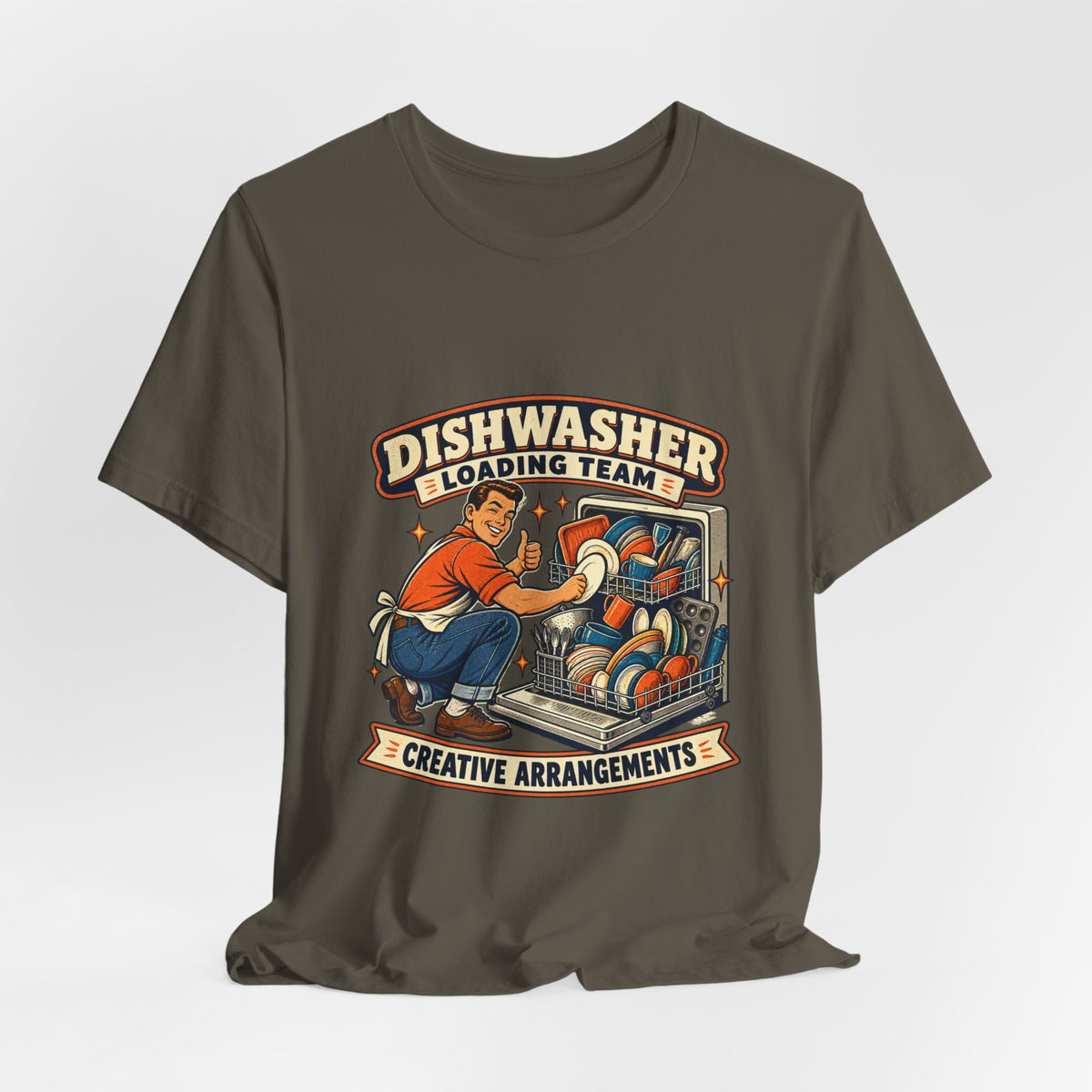 Dishwasher Loading Team T-Shirt, Creative Arrangements Retro Kitchen Humor Tee