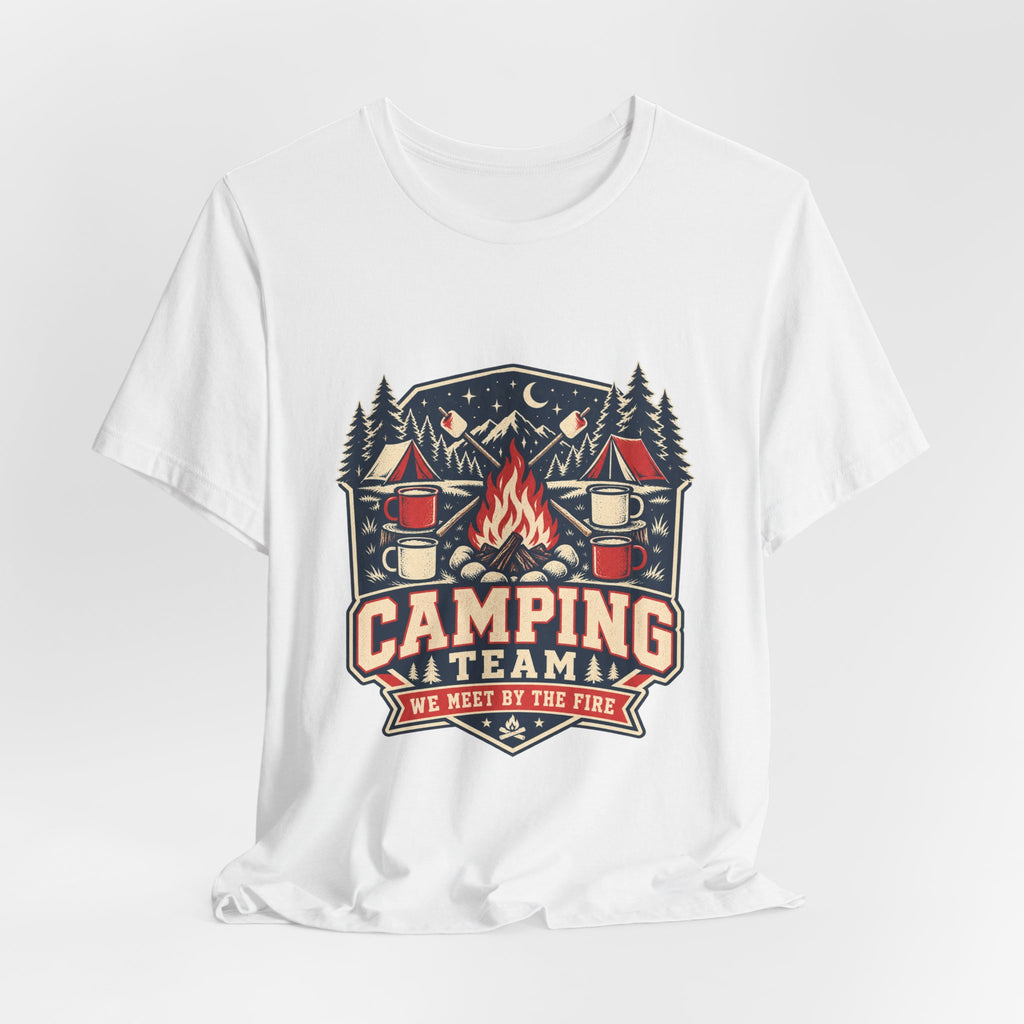 Camping Team T-Shirt — Vintage Campfire Adventure Tee with “We Meet by the Fire”