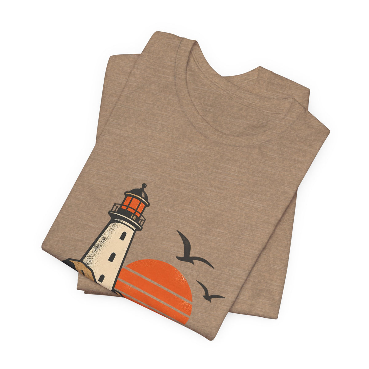 Vintage Coastal Lighthouse Sunset T-Shirt — Ocean Waves, Seagulls & Seaside Adventure