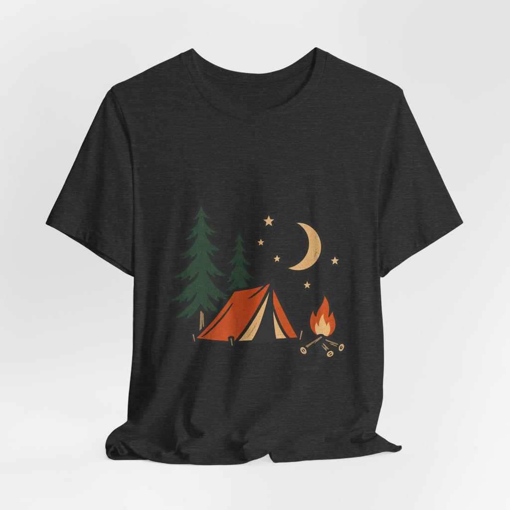Vintage Camping Night T-Shirt with Tent, Campfire, Pine Trees, Moon and Stars