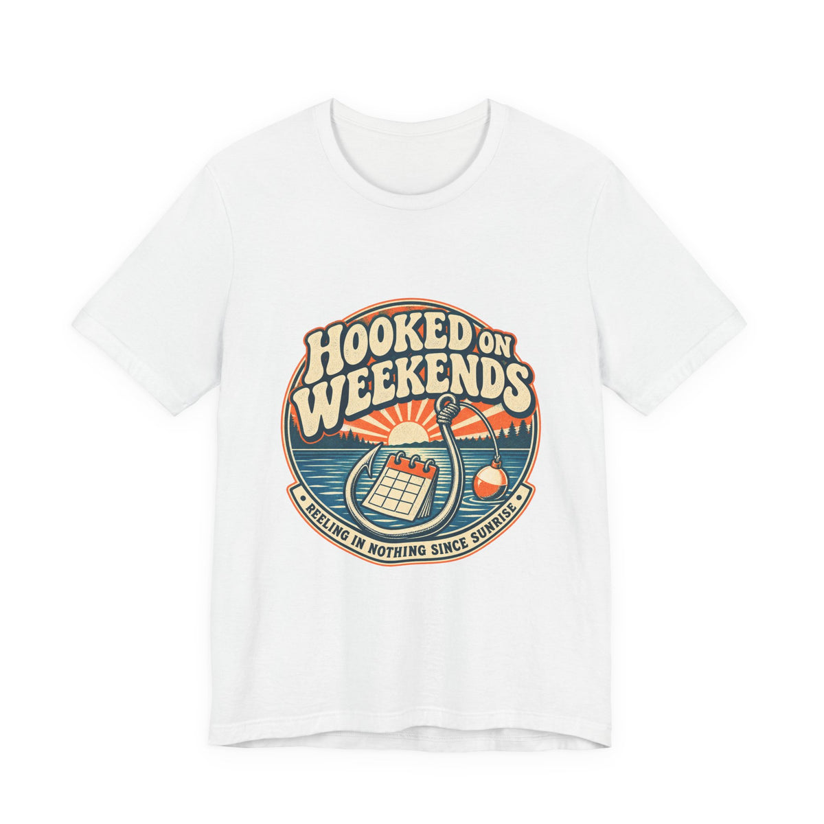 Hooked on Weekends Fishing T-Shirt — Vintage Lake Reel & Sunrise Tee