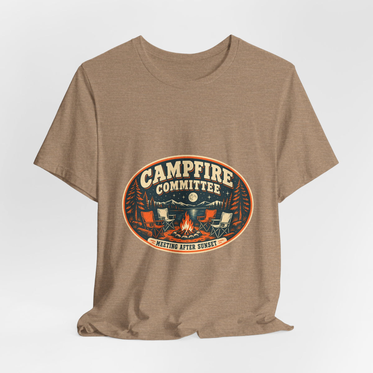 Campfire Committee T-Shirt — Meeting After Sunset Vintage Camping Badge Tee