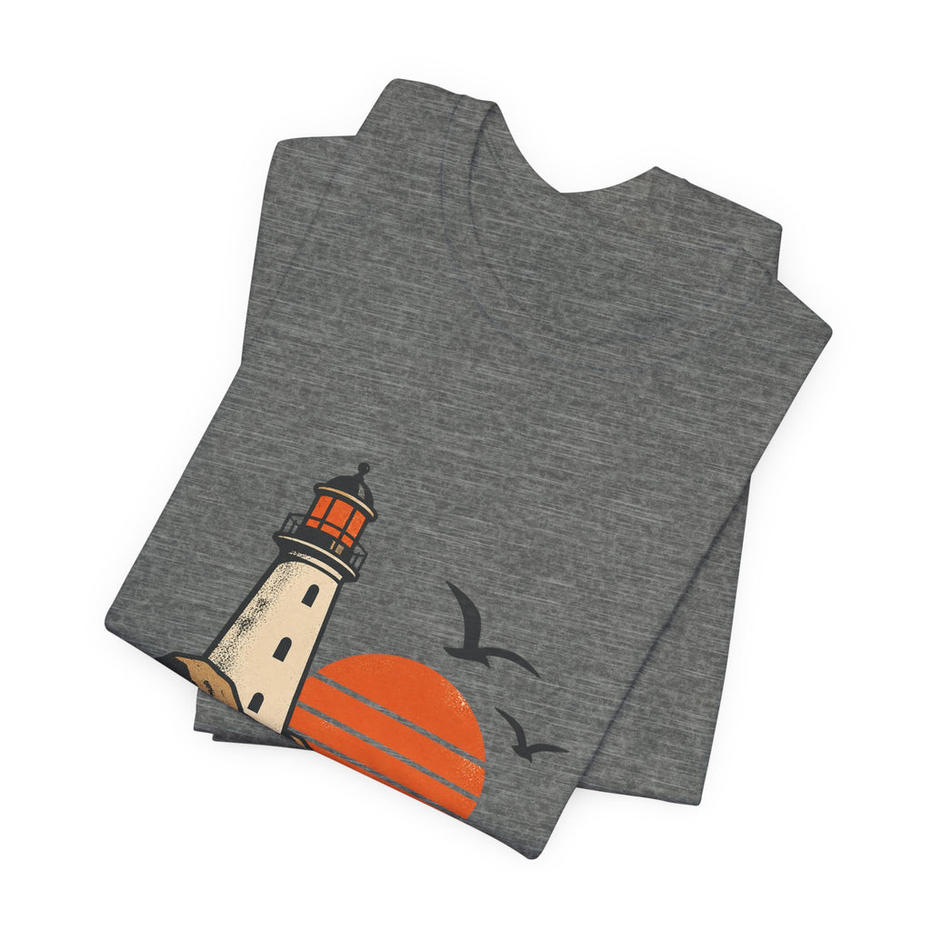 Vintage Coastal Lighthouse Sunset T-Shirt — Ocean Waves, Seagulls & Seaside Adventure
