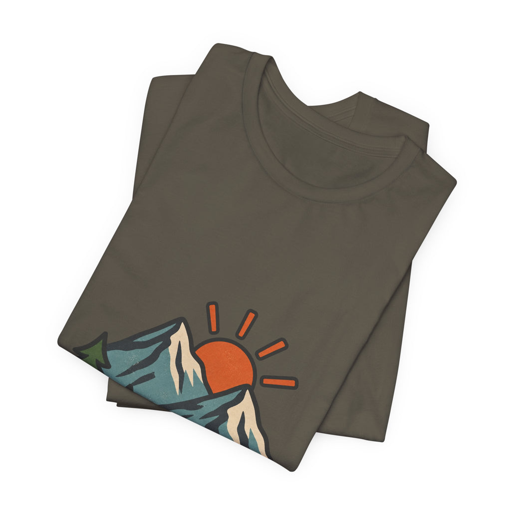 Vintage Mountain Sunrise T-Shirt — Retro Pine Trees, Scenic Hiking Trail & Outdoor Adventure Tee