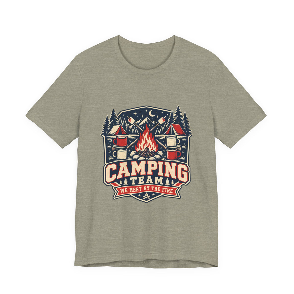 Camping Team T-Shirt — Vintage Campfire Adventure Tee with “We Meet by the Fire”