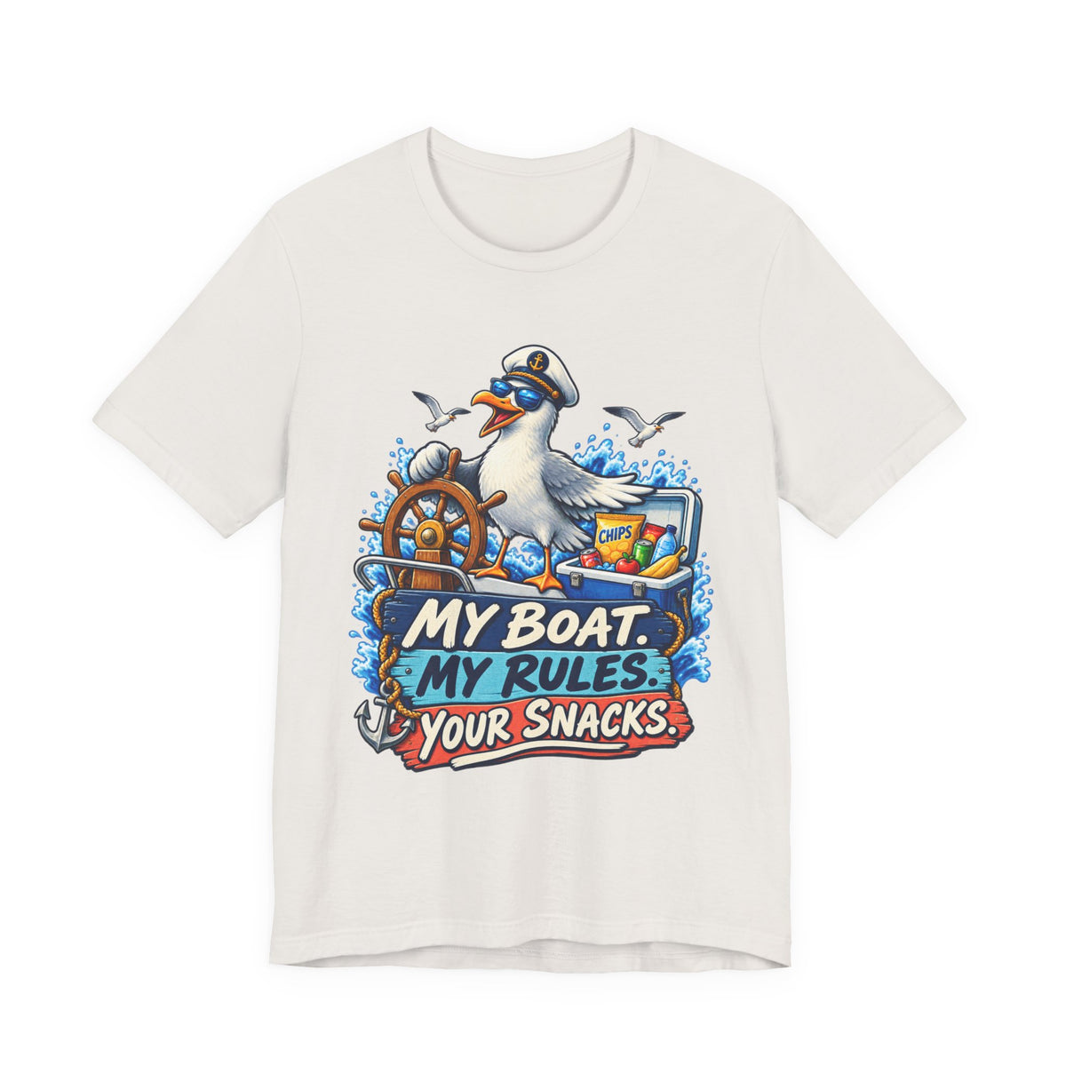 My Boat My Rules Your Snacks T-Shirt — Funny Nautical Seagull Captain Boating Tee