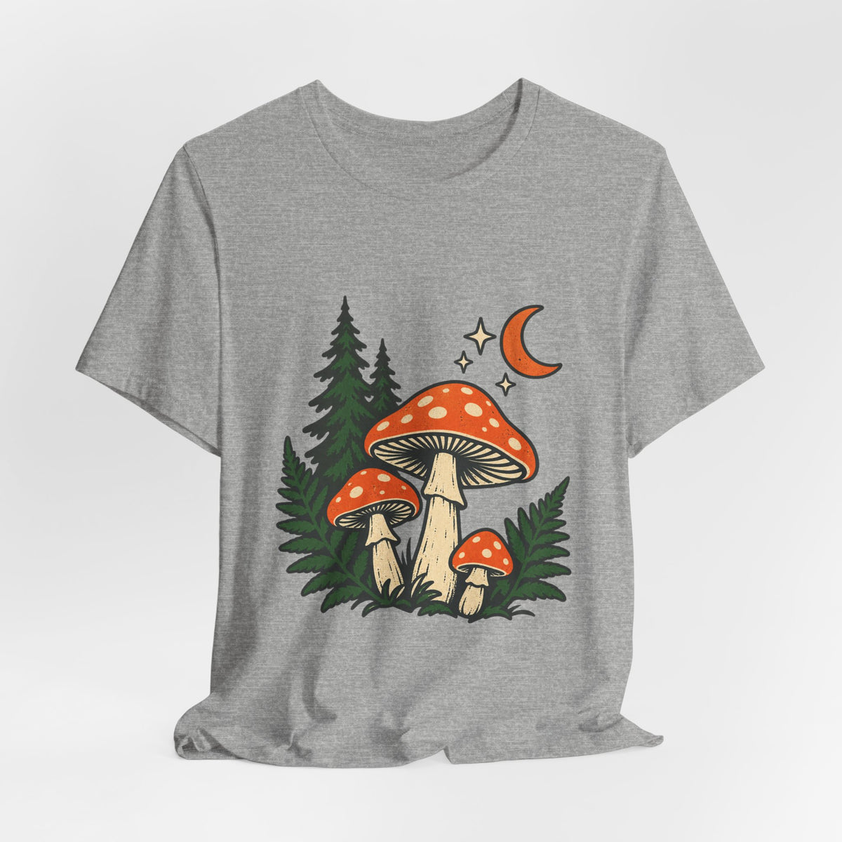 Vintage Mushroom Moon T-Shirt — Enchanted Forest Fungi Night Design