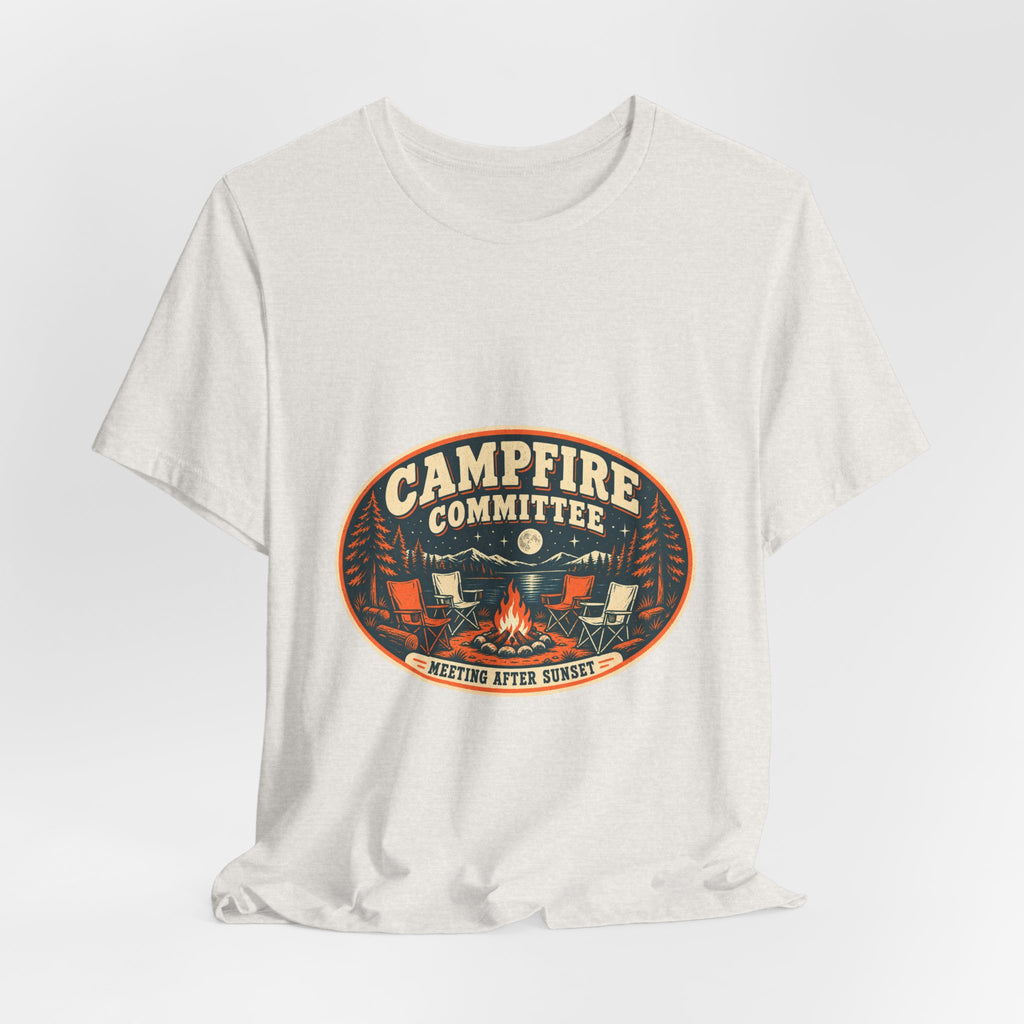 Campfire Committee T-Shirt — Meeting After Sunset Vintage Camping Badge Tee