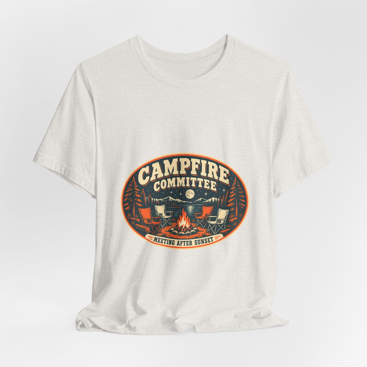 Campfire Committee T-Shirt — Meeting After Sunset Vintage Camping Badge Tee