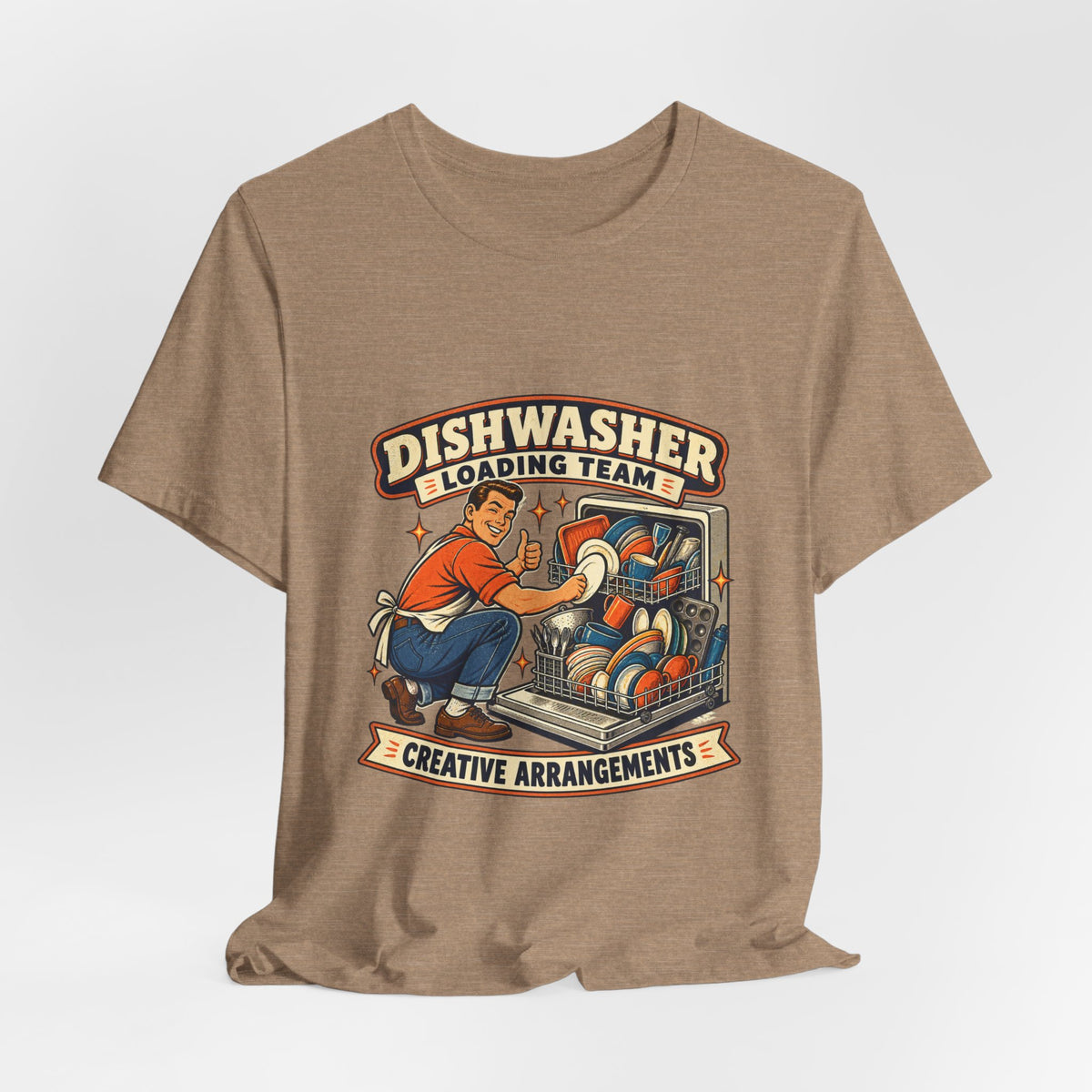 Dishwasher Loading Team T-Shirt, Creative Arrangements Retro Kitchen Humor Tee