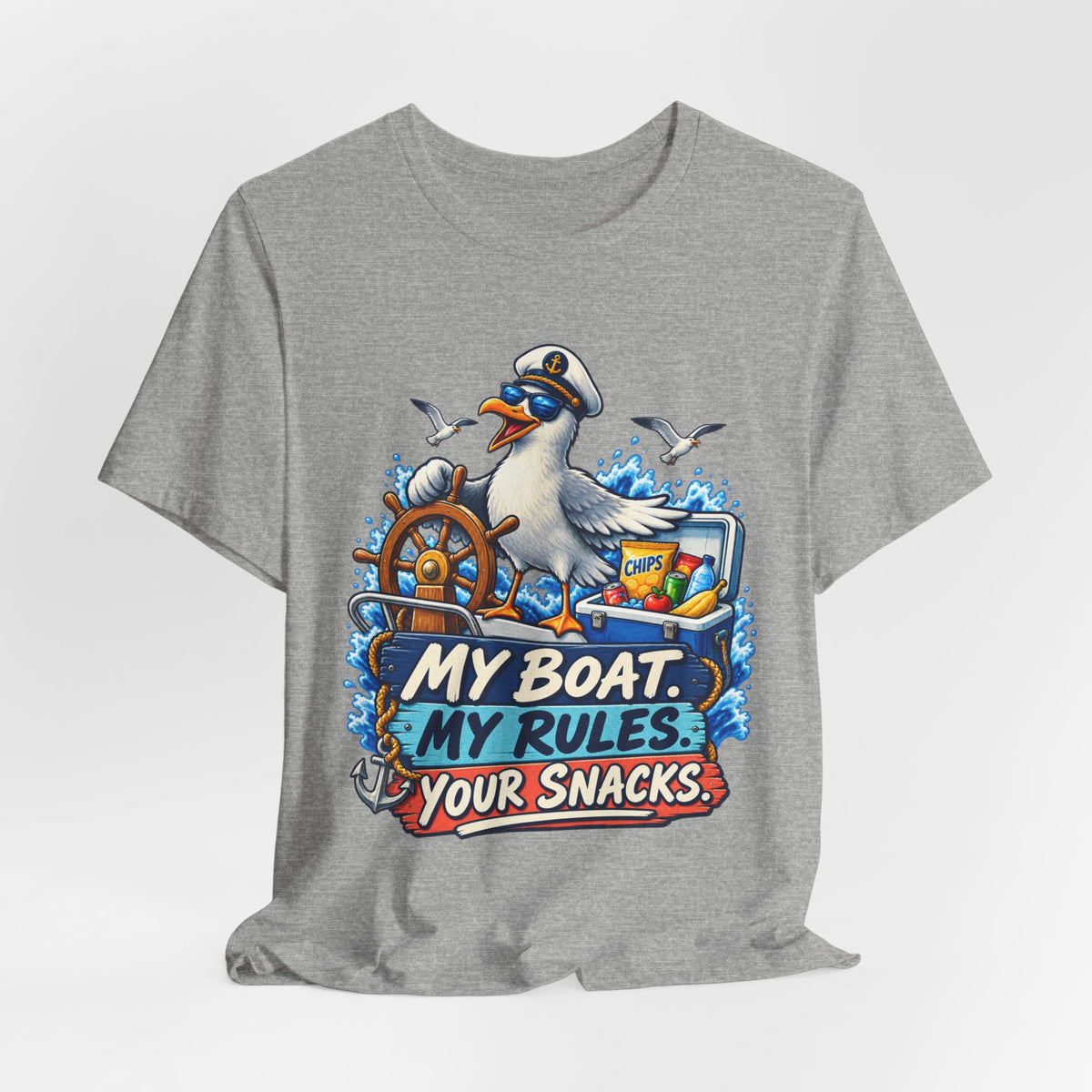 My Boat My Rules Your Snacks T-Shirt — Funny Nautical Seagull Captain Boating Tee