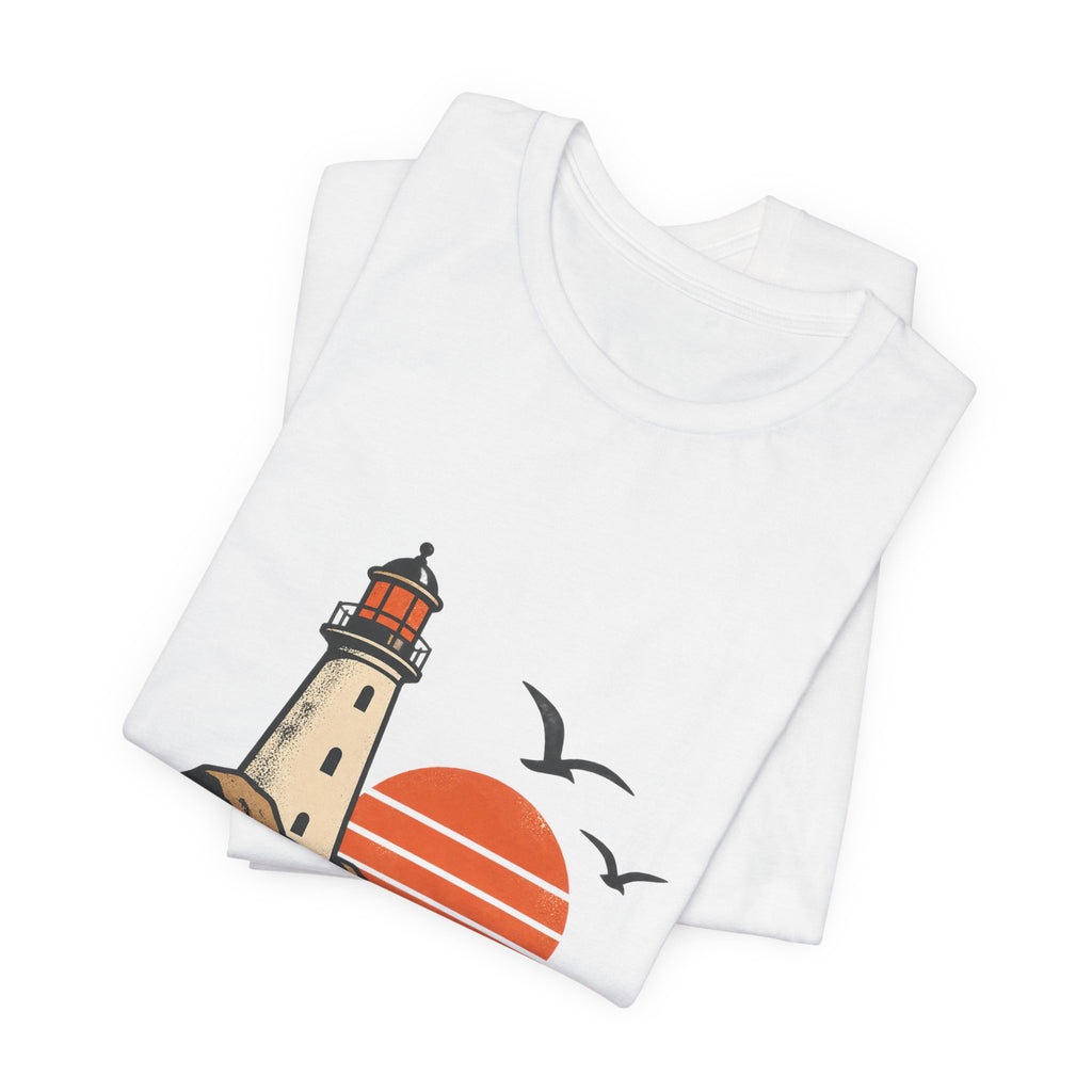 Vintage Coastal Lighthouse Sunset T-Shirt — Ocean Waves, Seagulls & Seaside Adventure