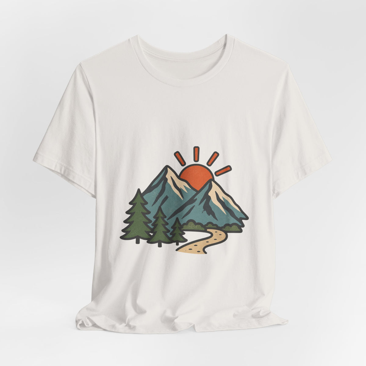 Vintage Mountain Sunrise T-Shirt — Retro Pine Trees, Scenic Hiking Trail & Outdoor Adventure Tee