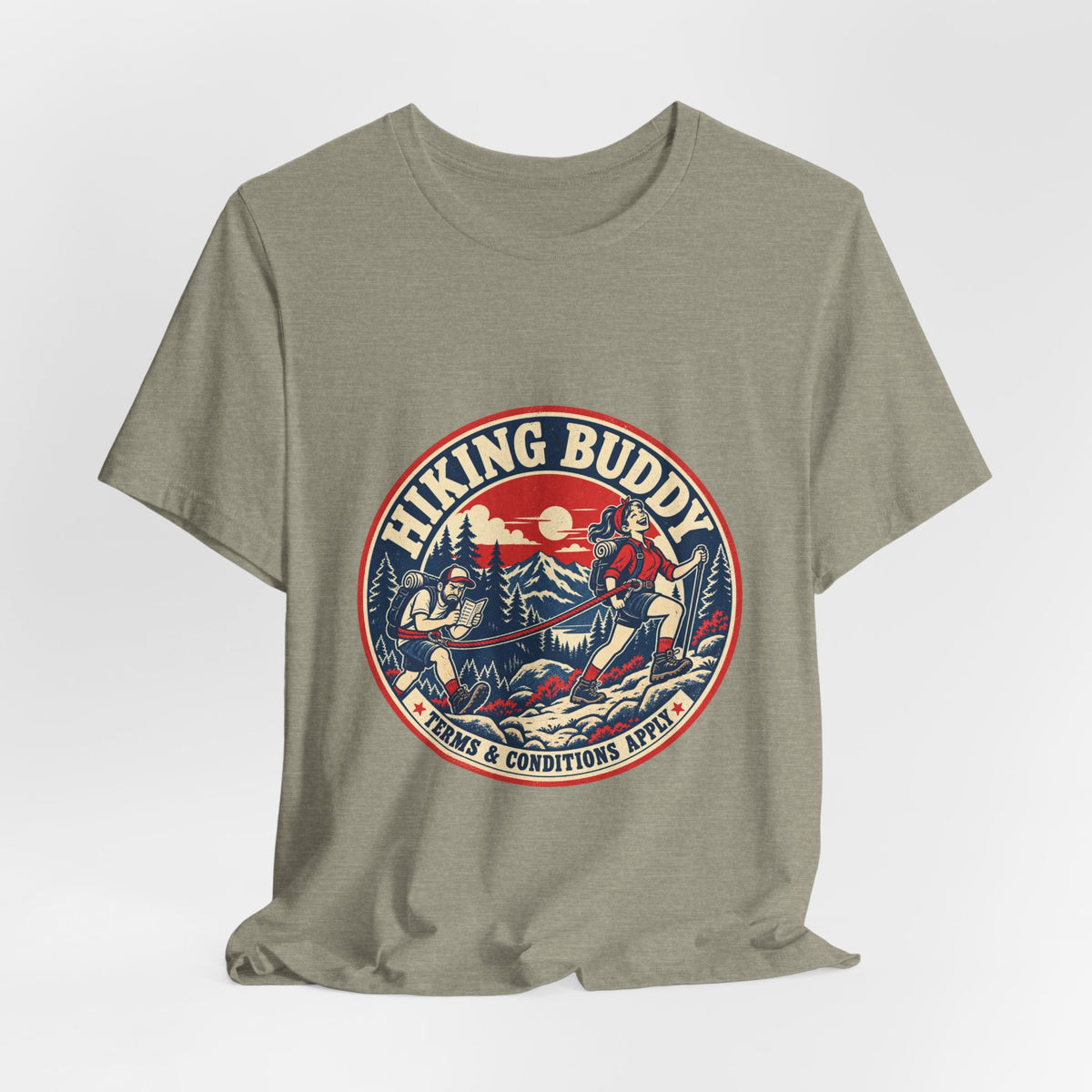 Hiking Buddy T-Shirt — Vintage Mountain Trekking Tee with Terms & Conditions Apply