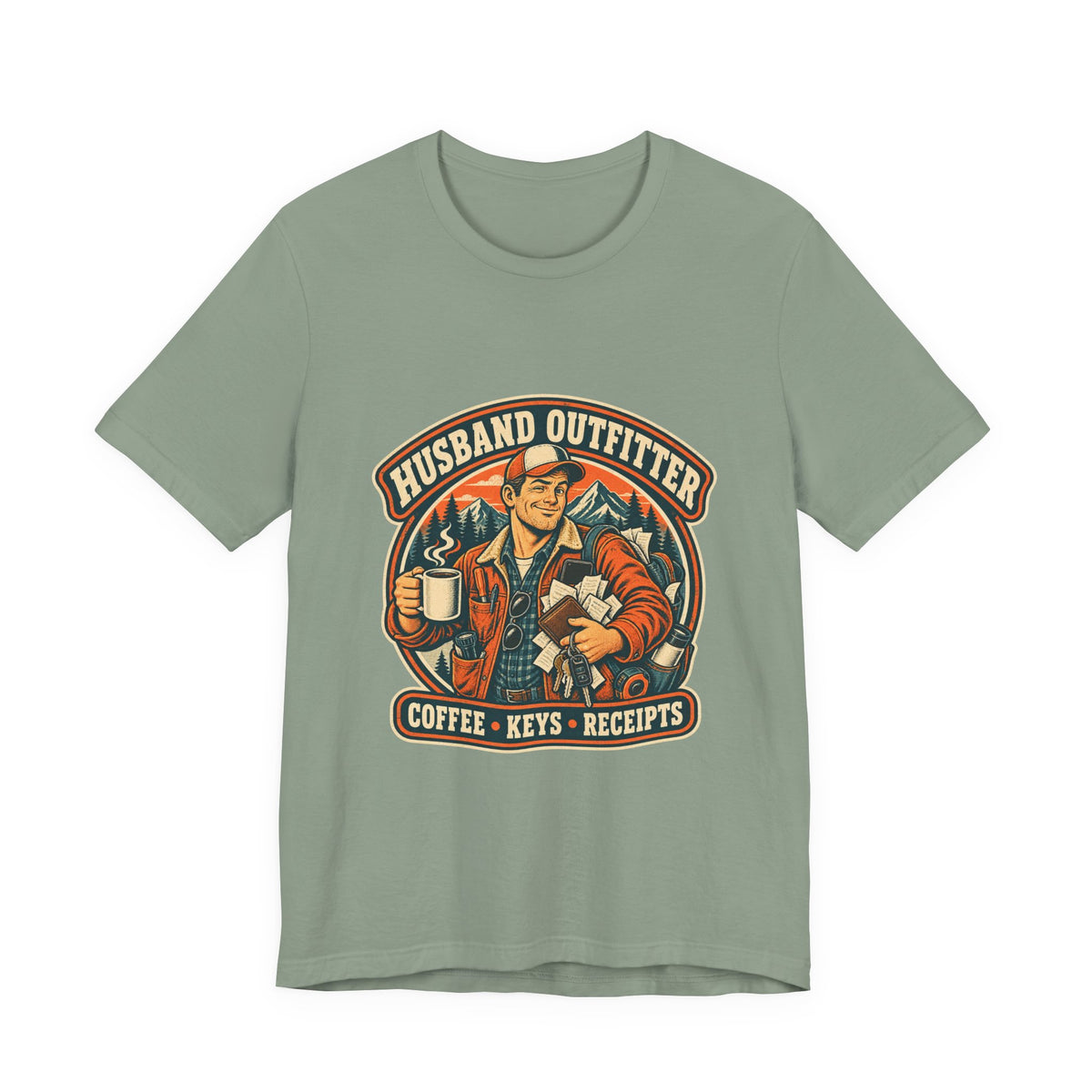 Husband Outfitter Coffee Keys Receipts T-Shirt — Retro Multitasker Husband Humor Tee