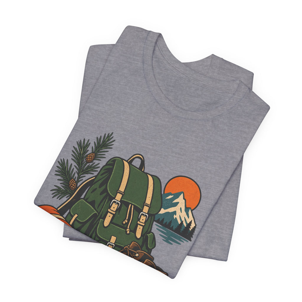 Vintage Hiking Adventure T-Shirt — Backpack, Boots, Compass and Mountain Camping Design