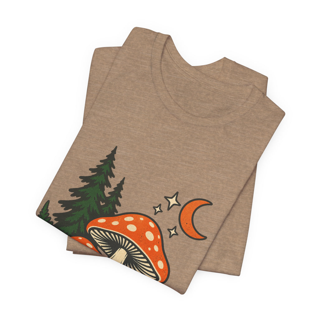 Vintage Mushroom Moon T-Shirt — Enchanted Forest Fungi Night Design