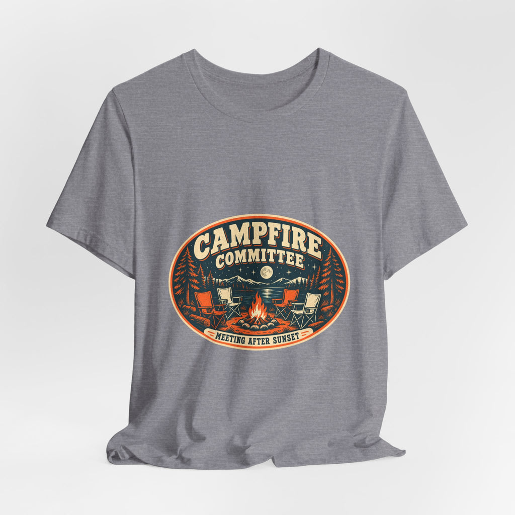 Campfire Committee T-Shirt — Meeting After Sunset Vintage Camping Badge Tee