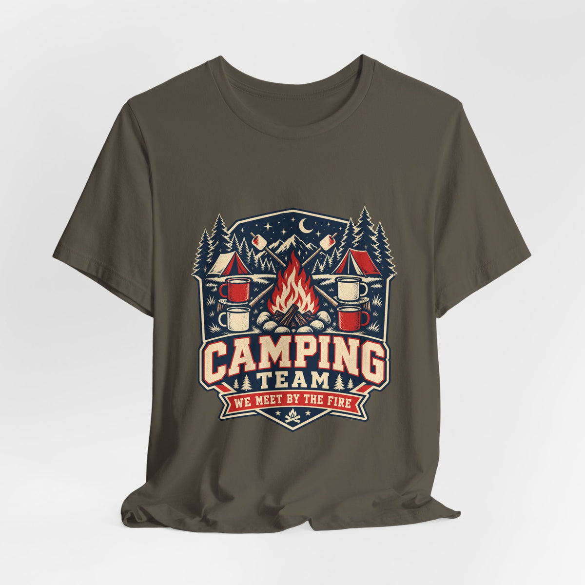 Camping Team T-Shirt — Vintage Campfire Adventure Tee with “We Meet by the Fire”