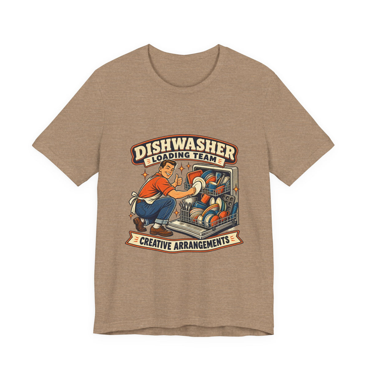 Dishwasher Loading Team T-Shirt, Creative Arrangements Retro Kitchen Humor Tee