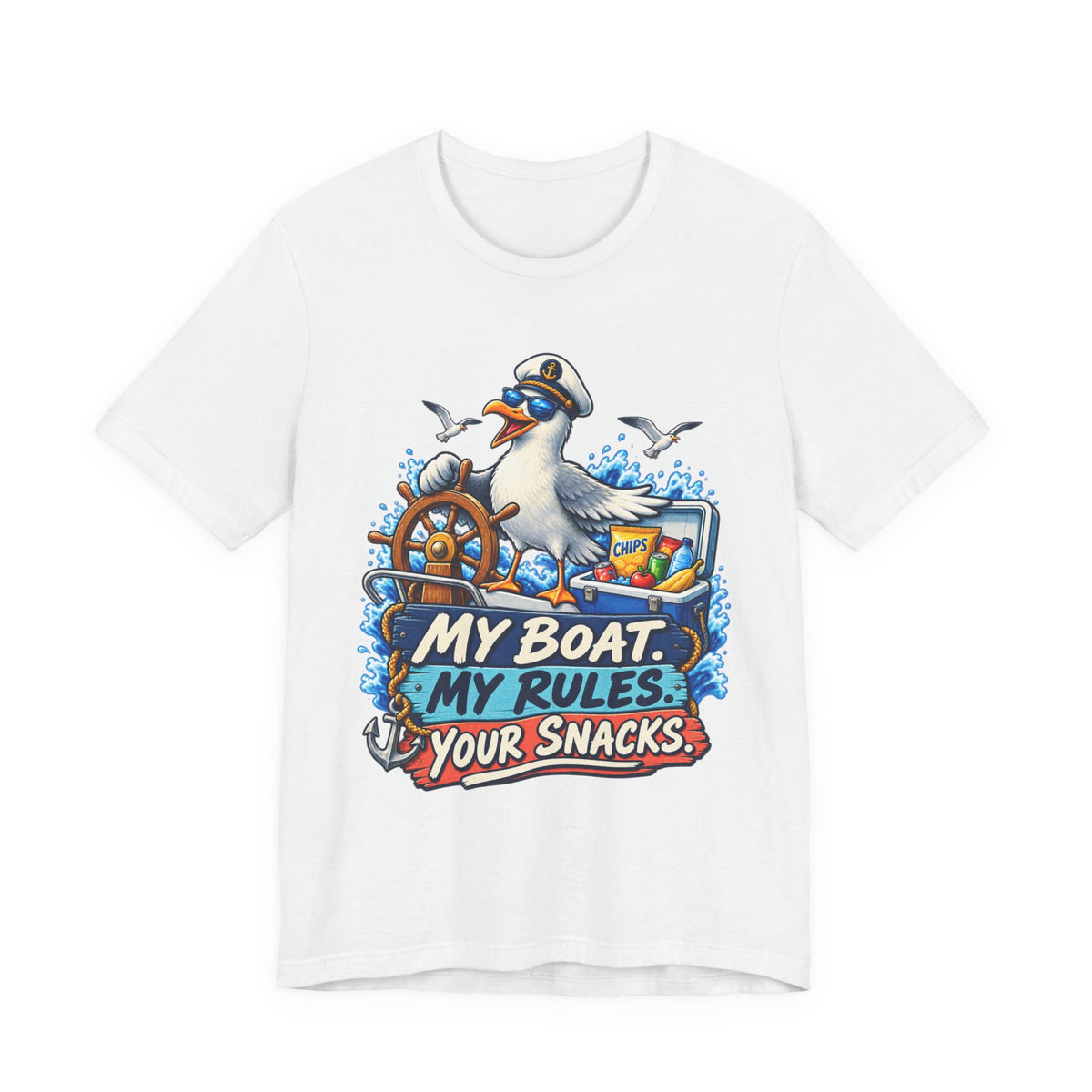My Boat My Rules Your Snacks T-Shirt — Funny Nautical Seagull Captain Boating Tee