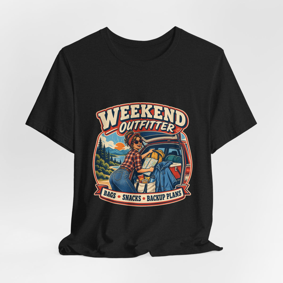 Weekend Outfitter Vintage Adventure T-Shirt — Bags Snacks Backup Plans Retro Road Trip Tee