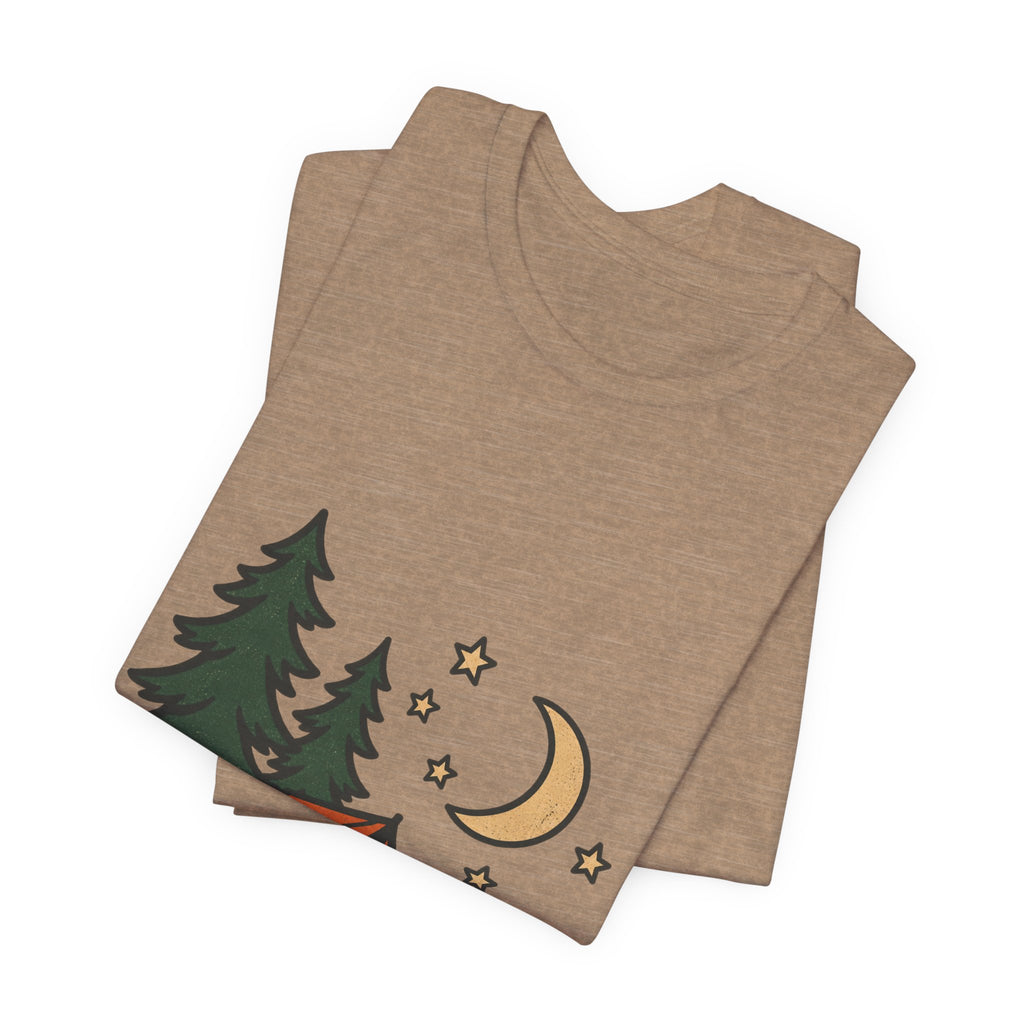 Vintage Camping Night T-Shirt with Tent, Campfire, Pine Trees, Moon and Stars