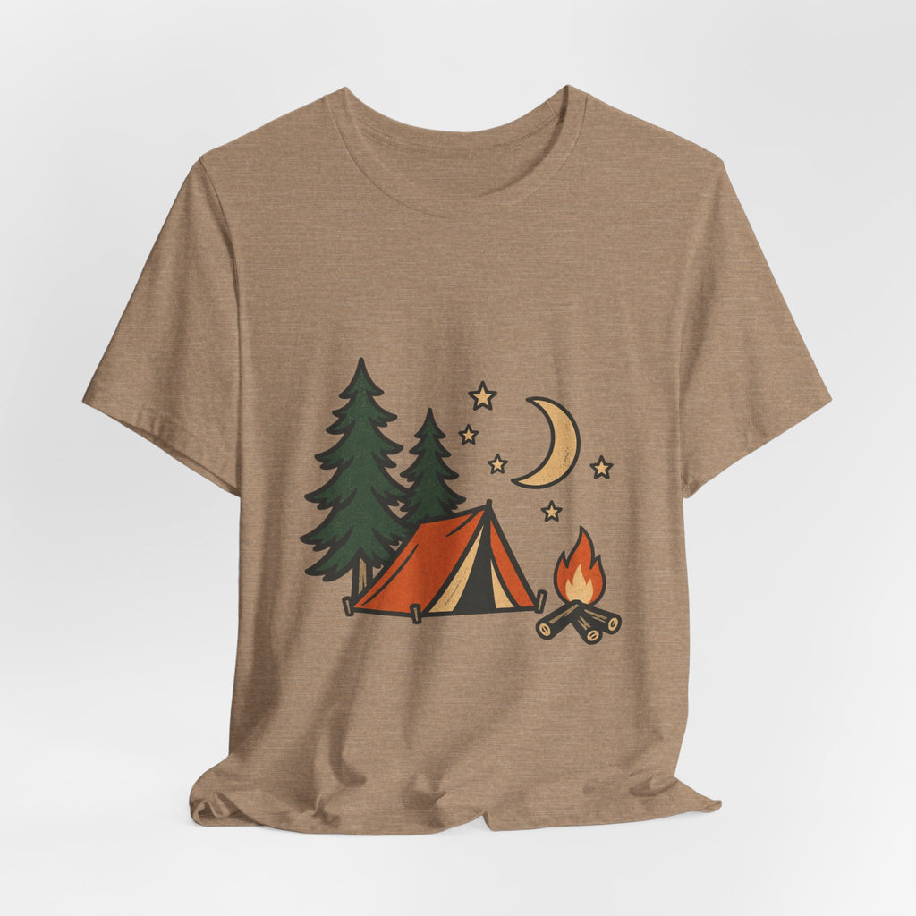 Vintage Camping Night T-Shirt with Tent, Campfire, Pine Trees, Moon and Stars