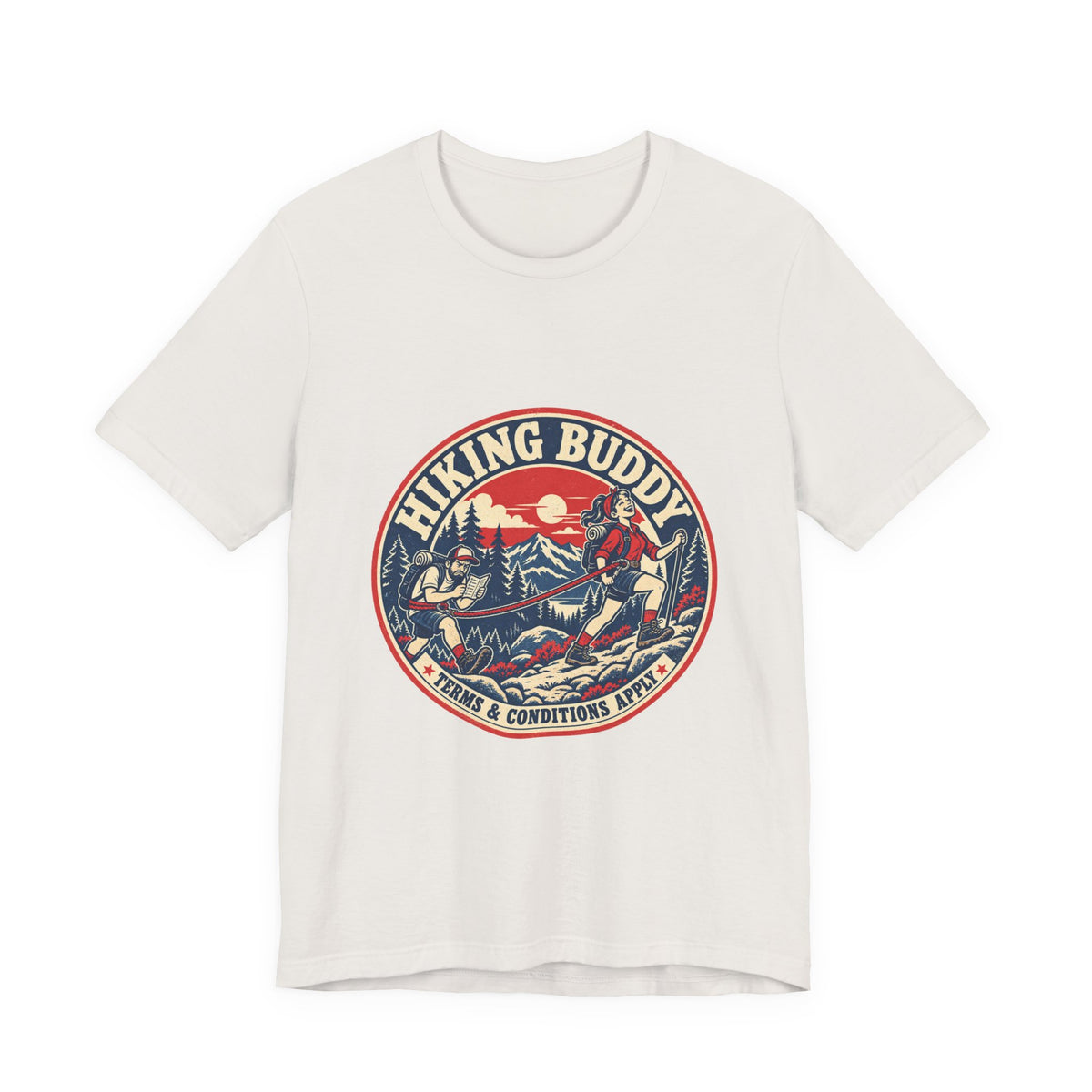 Hiking Buddy T-Shirt — Vintage Mountain Trekking Tee with Terms & Conditions Apply