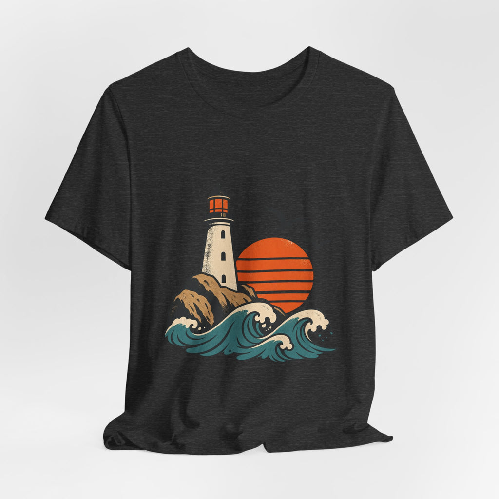 Vintage Coastal Lighthouse Sunset T-Shirt — Ocean Waves, Seagulls & Seaside Adventure