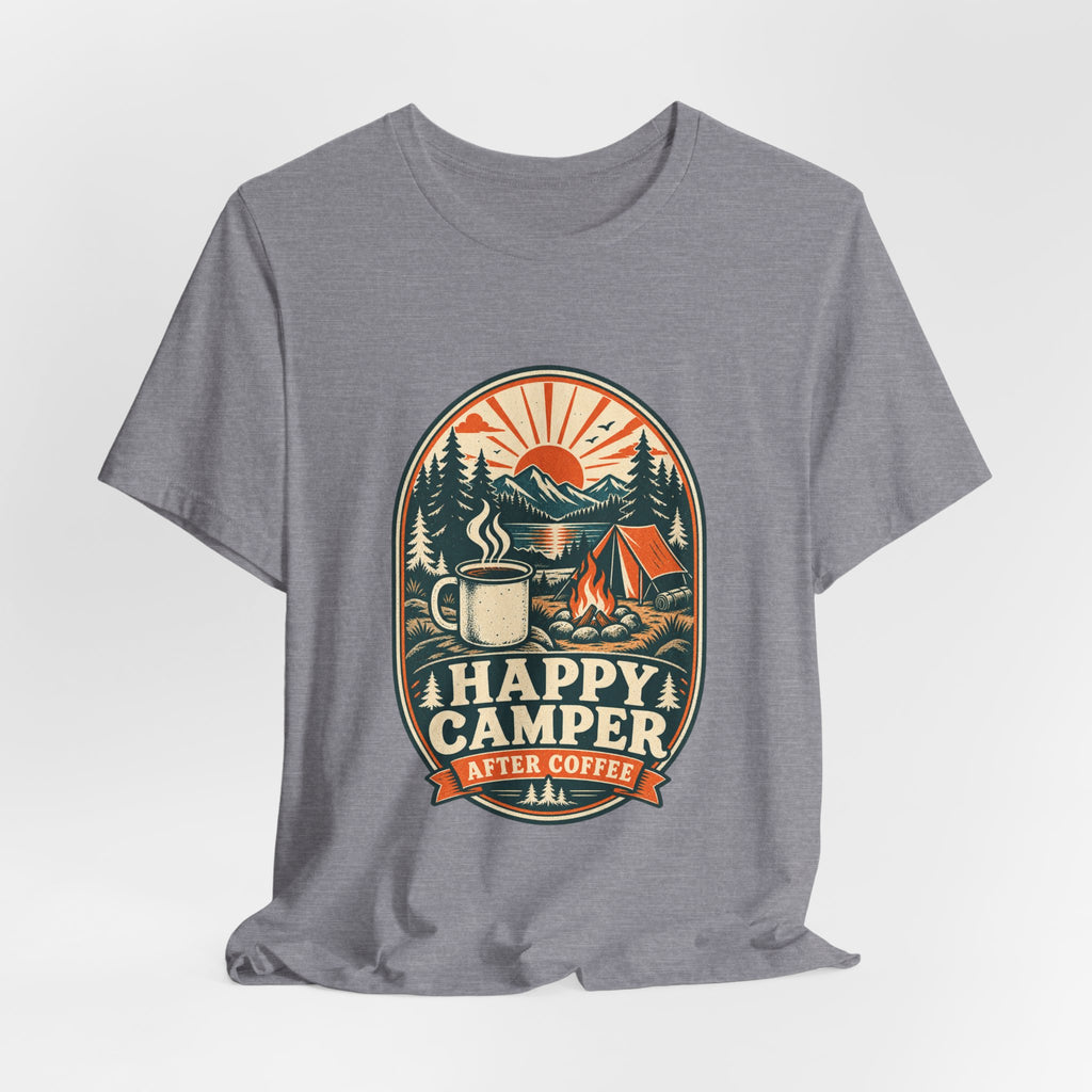 Happy Camper After Coffee T-Shirt — Vintage Camping Mug, Campfire & Mountain Tee