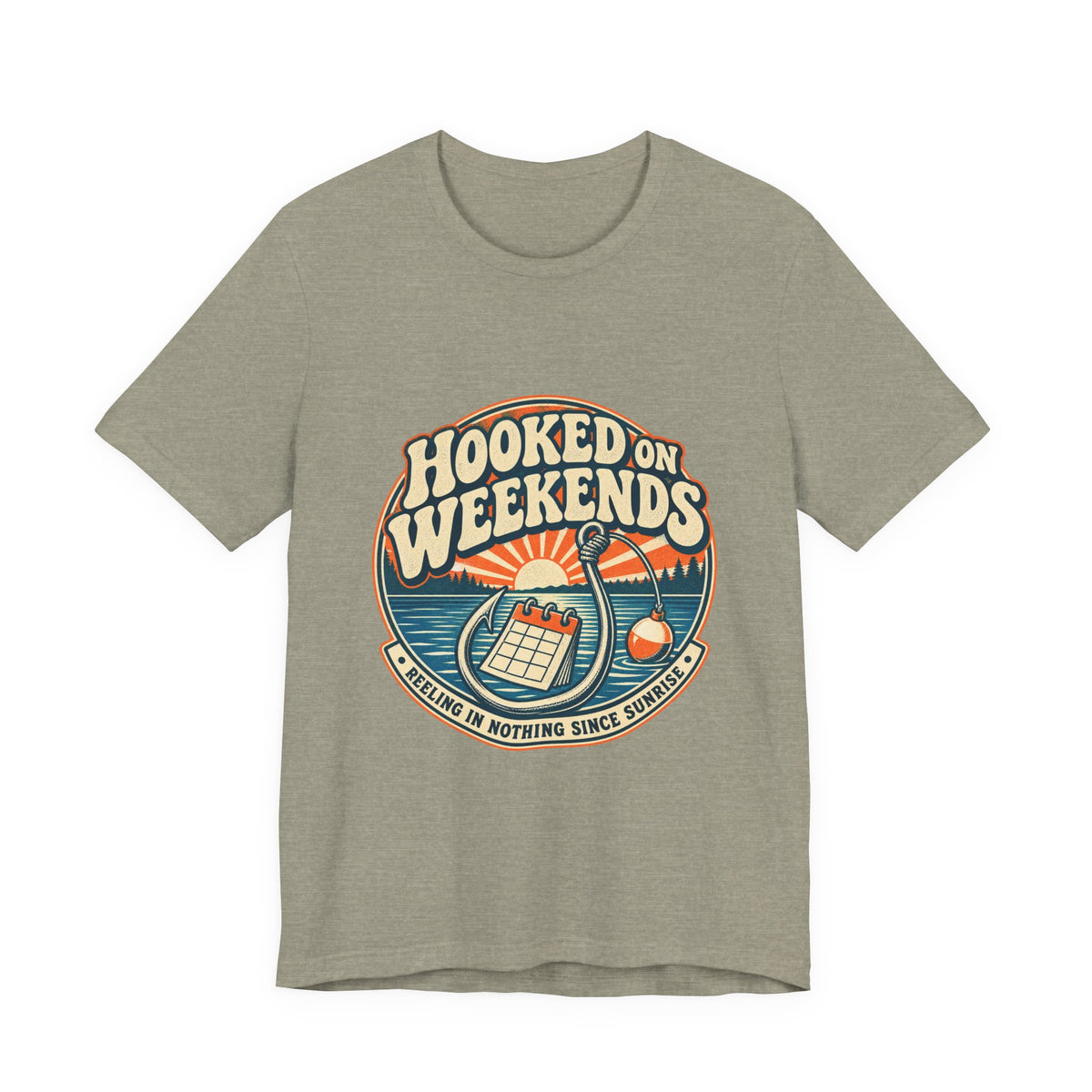 Hooked on Weekends Fishing T-Shirt — Vintage Lake Reel & Sunrise Tee