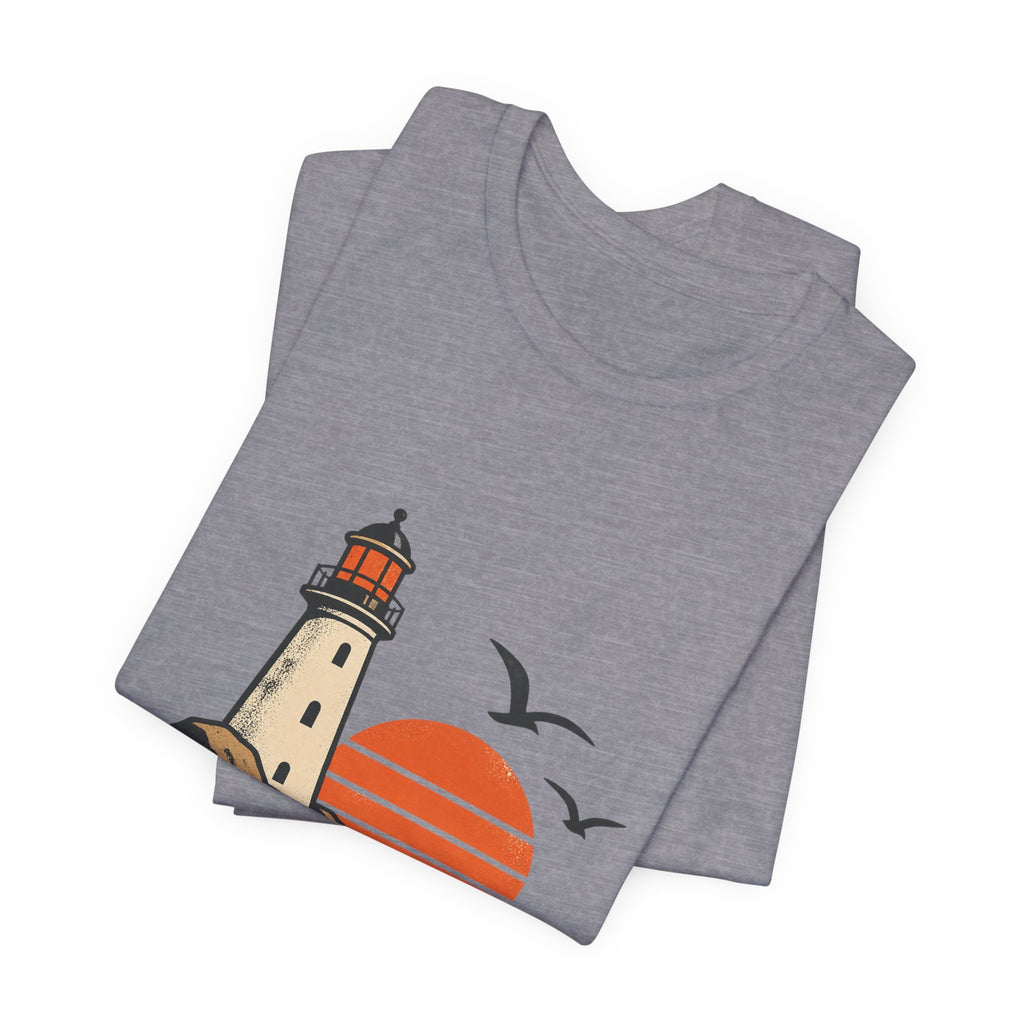 Vintage Coastal Lighthouse Sunset T-Shirt — Ocean Waves, Seagulls & Seaside Adventure
